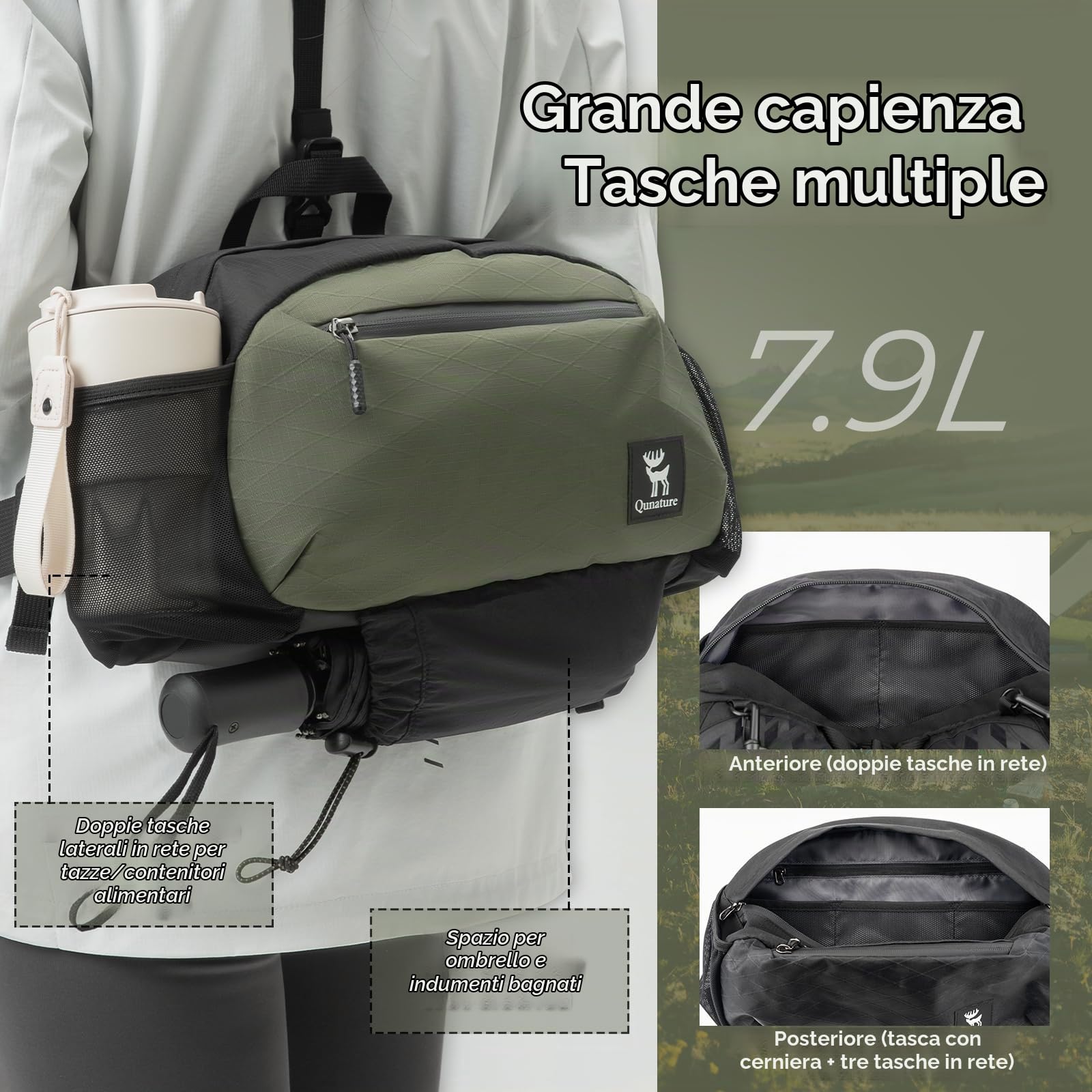 Marsupio da Trekking Ultraleggero, Zaino Trekking Traspirante Marsupio Uomo Sportivo Grande Capacità 7,9L, con Doppia Tracolla Regolabile e Rimovibile, per Escursioni Campeggio Outdoor, Verde