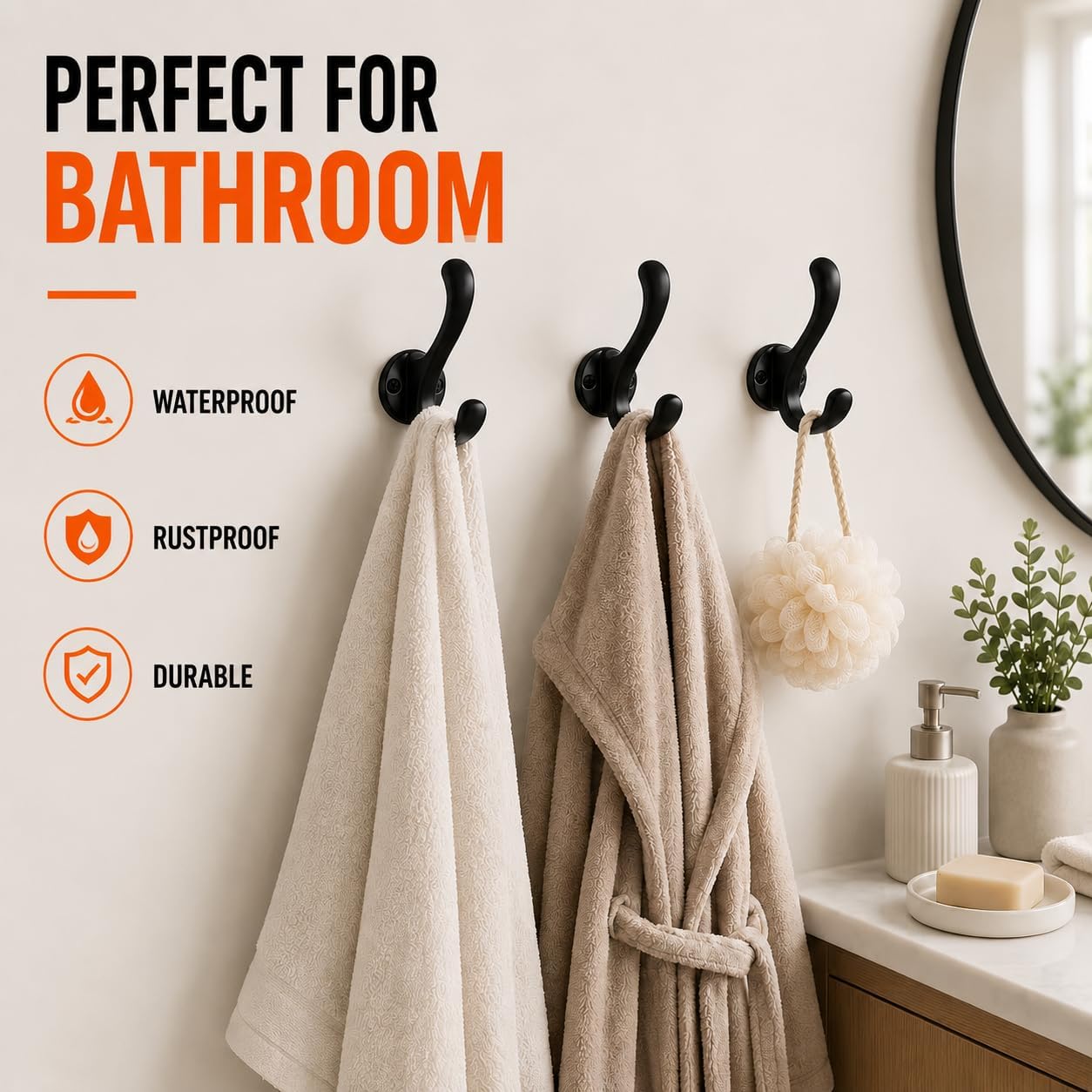 6 Pack Coat Hooks Wall Mount, Heavy Duty Wall Hooks for Hanging Coats, Towel, Hat and Robe, Black Metal Wall Hooks for Bathroom, Entryway, Bedroom