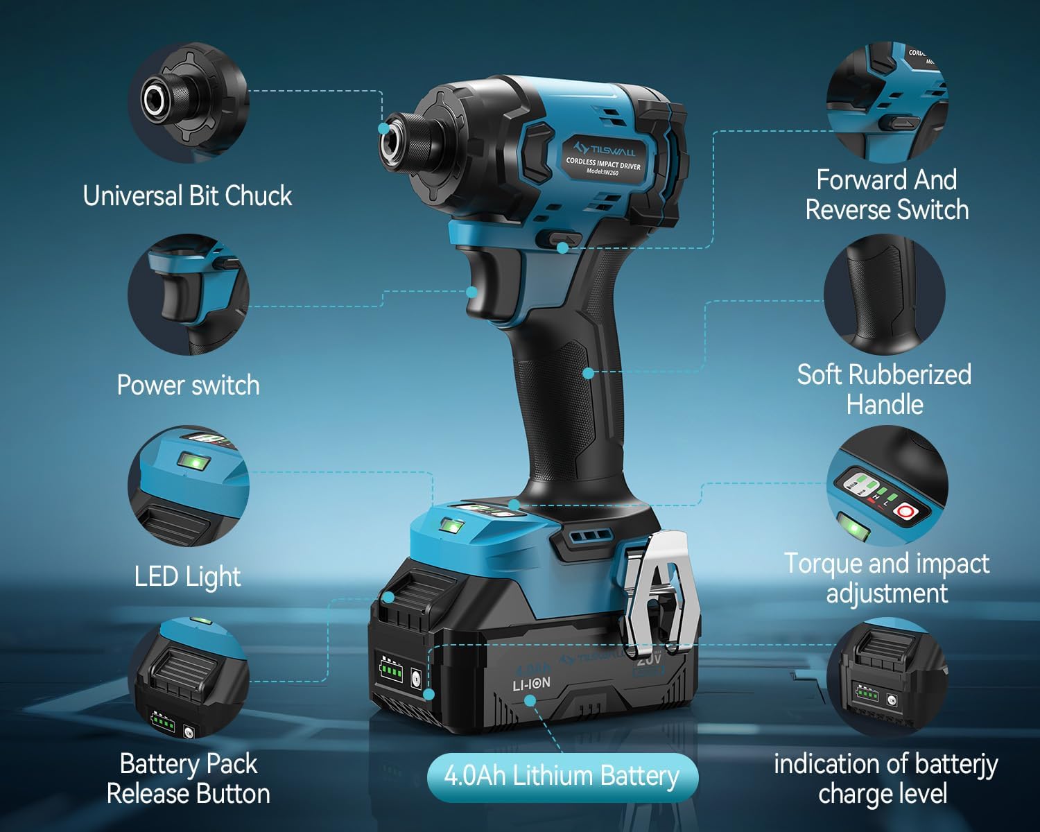 Tilswall 20V Impact Driver, Brushless with 260Nm Max Torque, 4-Speed (0-3600 RPM), Cordless Impact Driver with LED Light, 30 Pcs Driver Bits, 4Ah Battery and Charger for Professional and DIY Projects