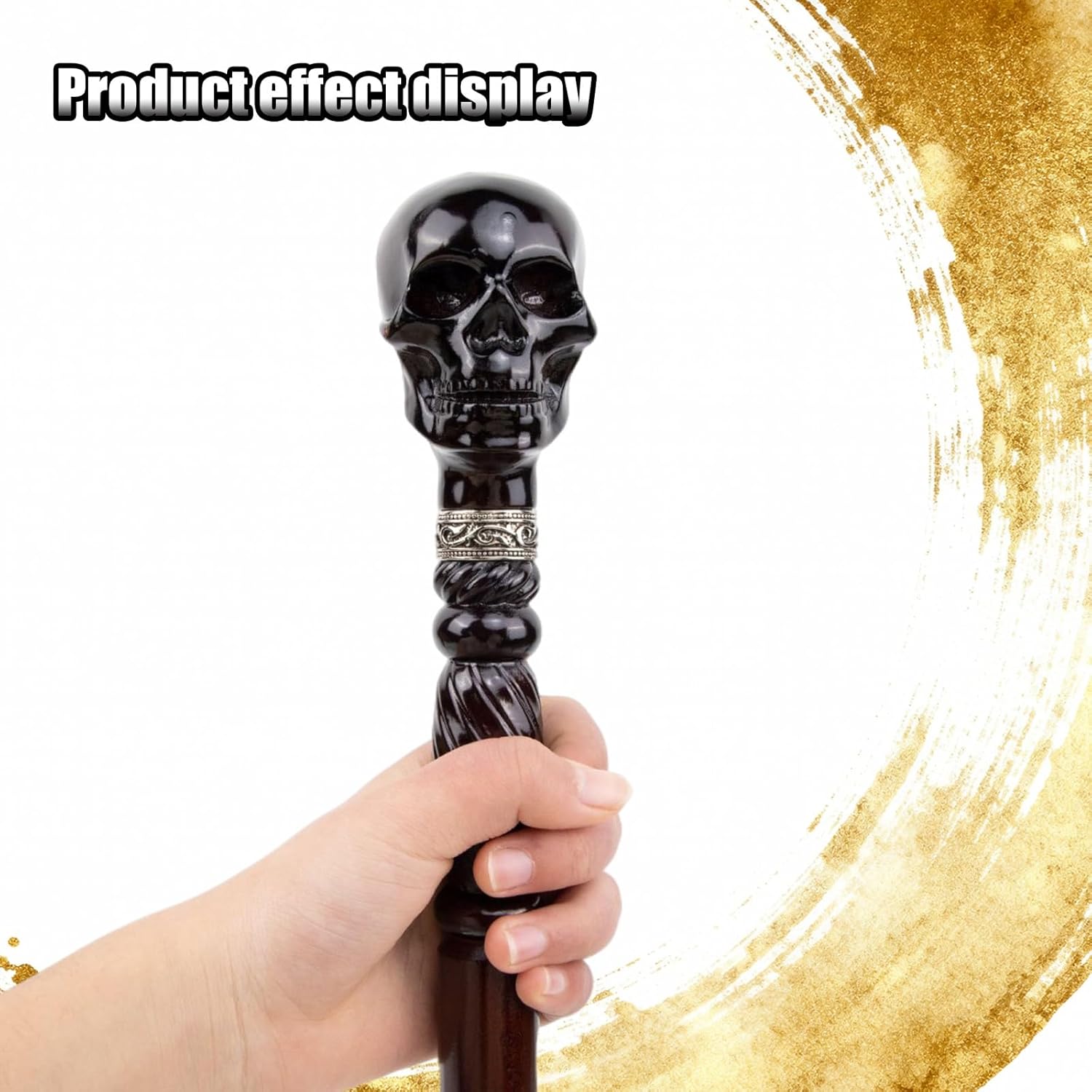 Black Wooden Skull 3-Section Walking Stick, Decorative Cospaly Wood Walking Cane Halloween Mace Wand Crosier 38"