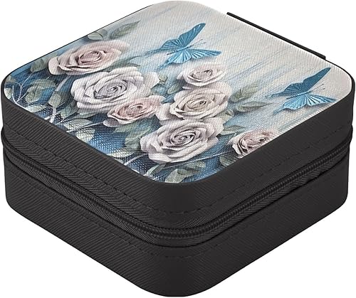 Vista 3 de GUIJI White Roses and Butterflies PU Leather Jewelry Organizer, Portable Small Jewelry Box Travel Jewelry Case Earrings Necklace Bracelet Rings for
