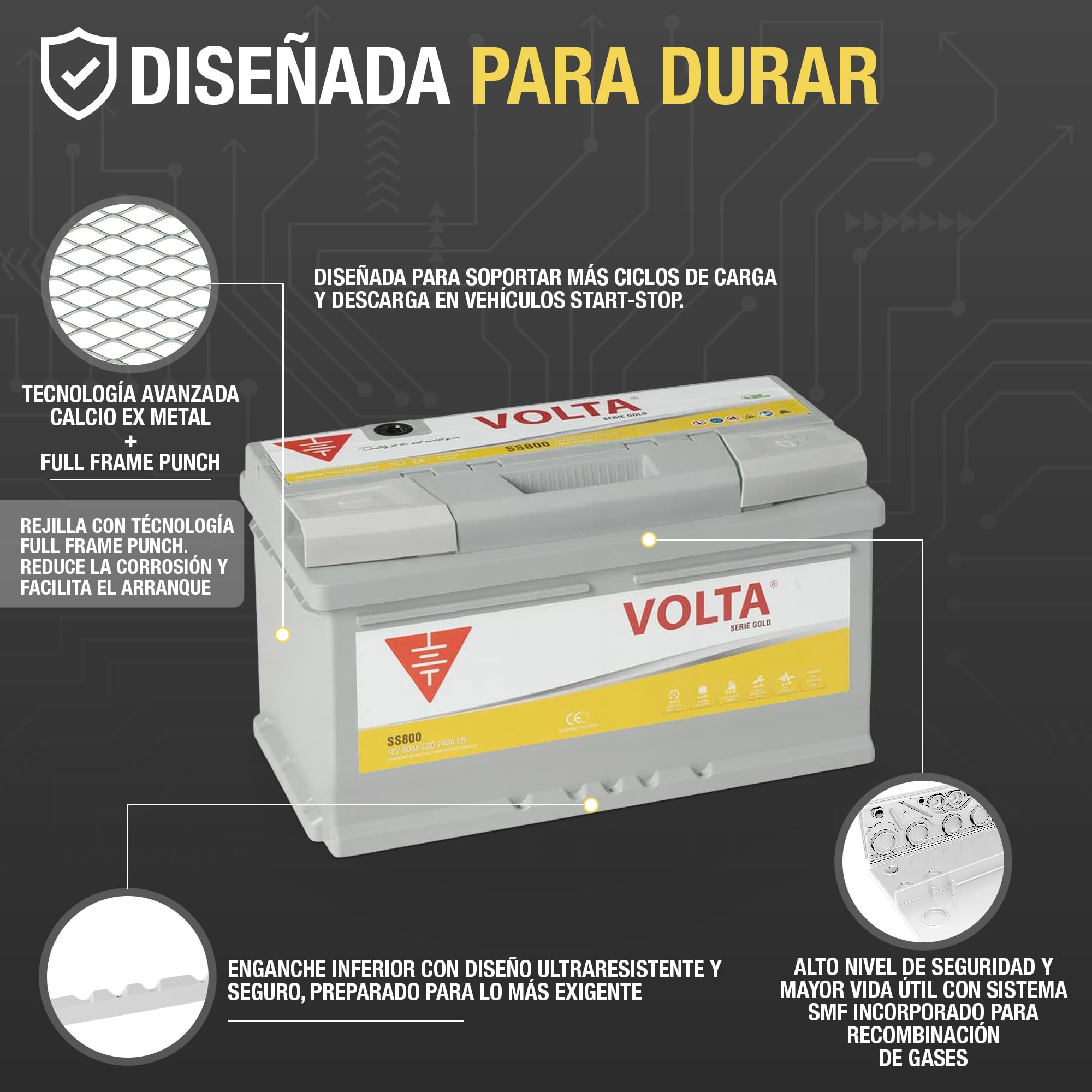 Bateria de Coche Gold 80Ah 740A Volta SS800D - Start Stop - Borne +Dcha - Medidas Largo 315 x Ancho 175 x Alto 175 mm con 2 años de Garantía - Fabricación Europea.