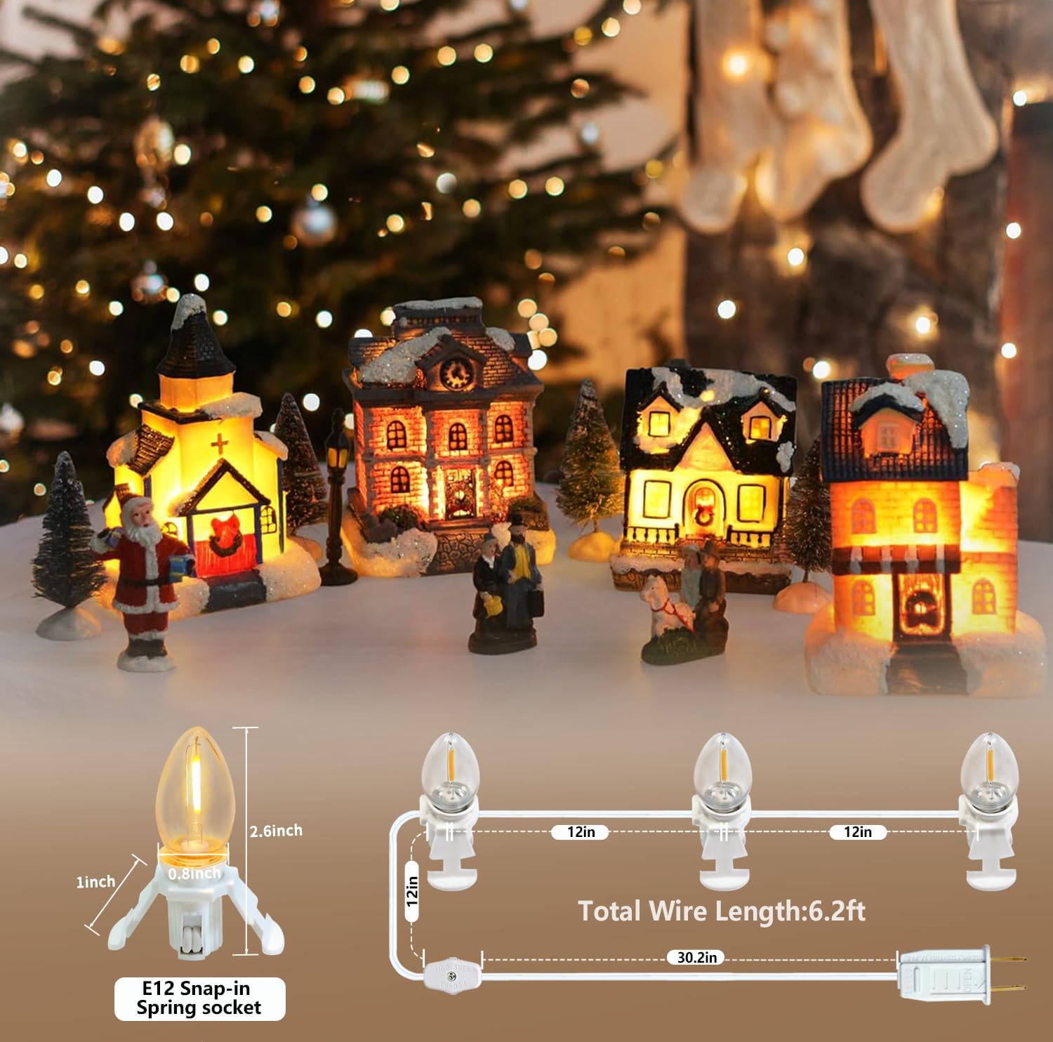 3 Base C7 String Bulbs Christmas Village Light Accessory Cord with 3 LED Light Bulb Universal Clip White Cord with On/Off Spare Fuse Switch Plugs for Decorations Christmas Village House