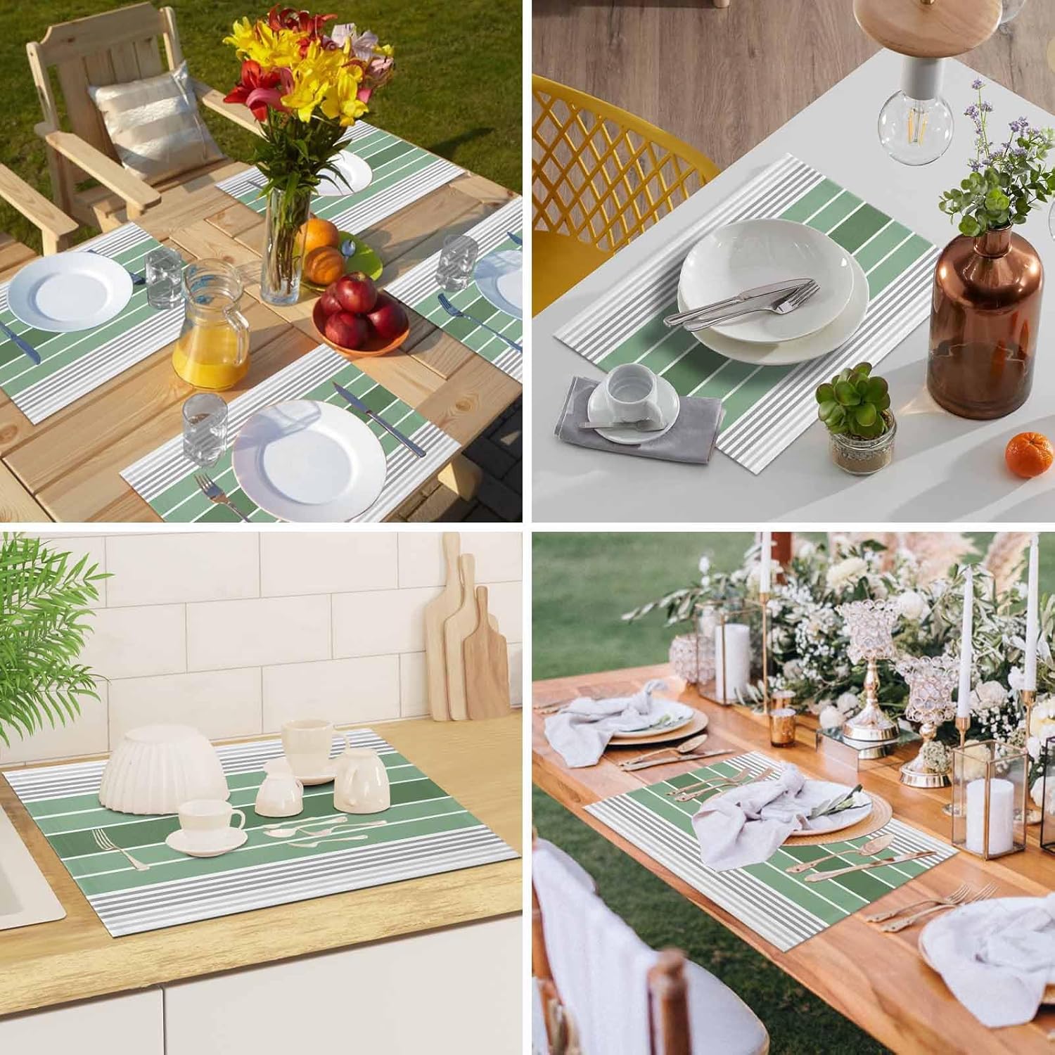 Placemats Set of 4, Farmhouse Sage Green Gray Gradient Stripe Minimalist Non Slip Table Mats 13x19 in, Heat Insulation Dining Placemats for Wedding Party Kitchen Decor