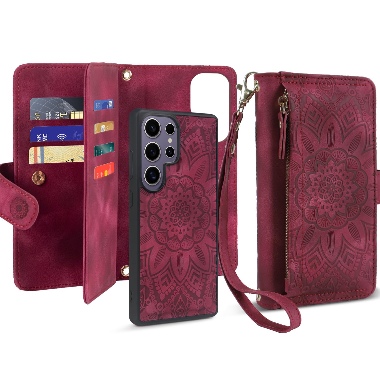 Harryshell Compatible with Samsung Galaxy S25 Ultra Wallet Detachable Magnetic Phone Case Wireless Charging [RFID Blocking] Card Slots, Cash Zipper