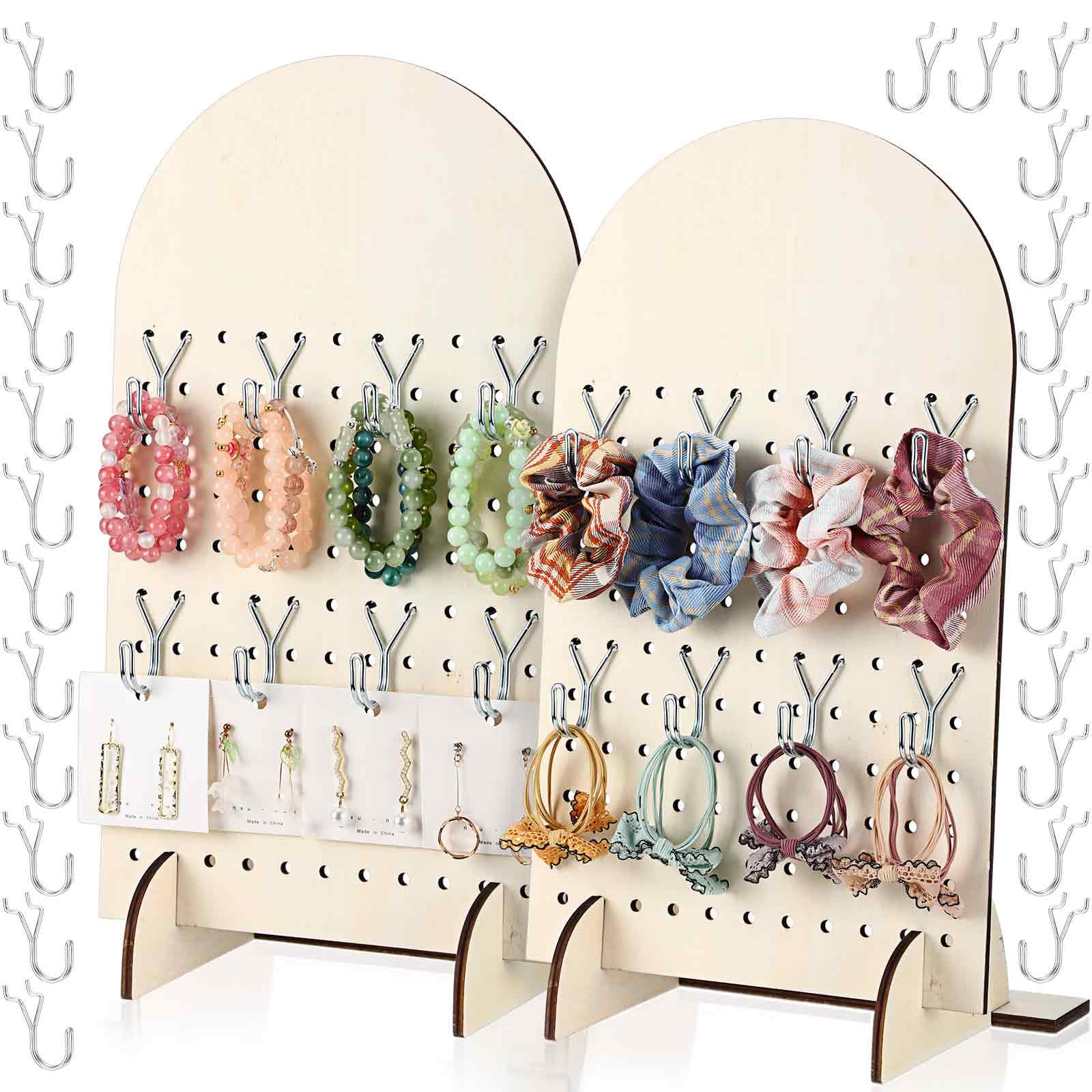 2 Pack Wooden Pegboard Display Stand with 40 Pcs Metal Hooks Retail Rack Pegboard Display Board Organizer for Earring Jewelry Keychain Selling Accessories Vendors Events, 17" X 10"
