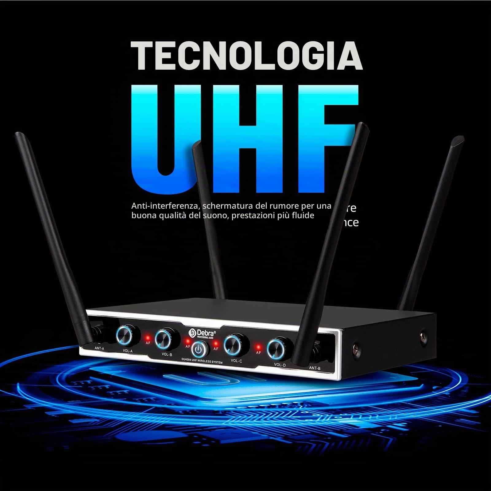 D Debra Audio Sistema di microfoni senza fili Pro DU4004 UHF 4 * 16 canali regolabili Microfoni auricolari lavalier palmari senza fili, ideali per riunioni Chiesa Discorso Festa (2 Palmare 2 Bodypack)