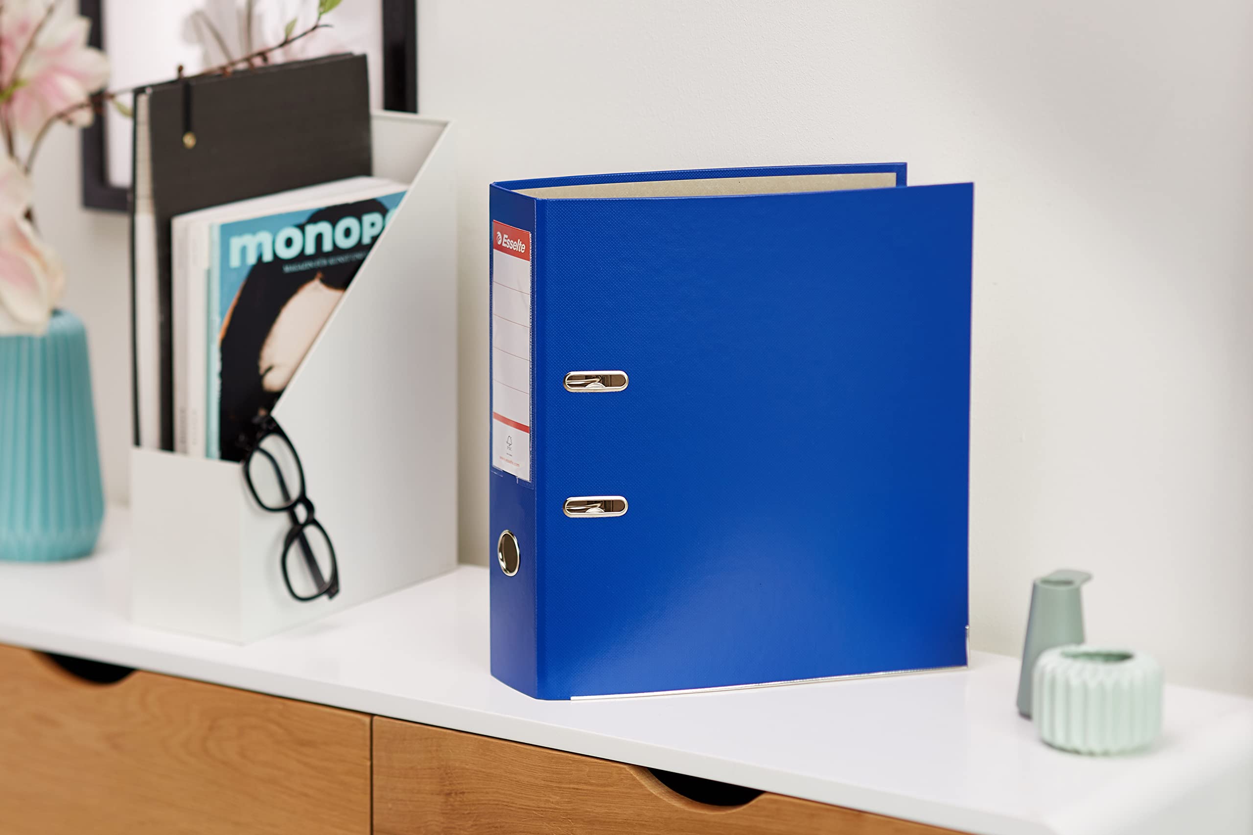 Esselte 624291 - Archivador de Palanca con Anillas Essentials, de PP, Mecanismo Estándar, con Capacidad de 500 Hojas A4, 3 Unidades, Azul, 75 mm, Certificado FSC, Etiqueta en el Lomo Reemplazable