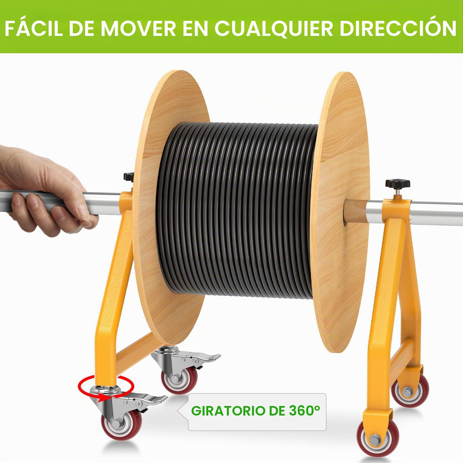 Estante de carrete de alambre, organizador de cables portátil, ruedas giratorias con freno, dispensador de alambre de acero totalmente soldado para bobinas de hasta 28 pulgadas de diámetro