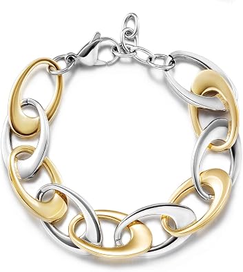 Link Bracelet Designer Brand Inspired Antique Women Jewelry, Wide Cuban Curb Link Bracelet, Stainless Steel Adjustable Chain, Fits 7.09.0 Wrists