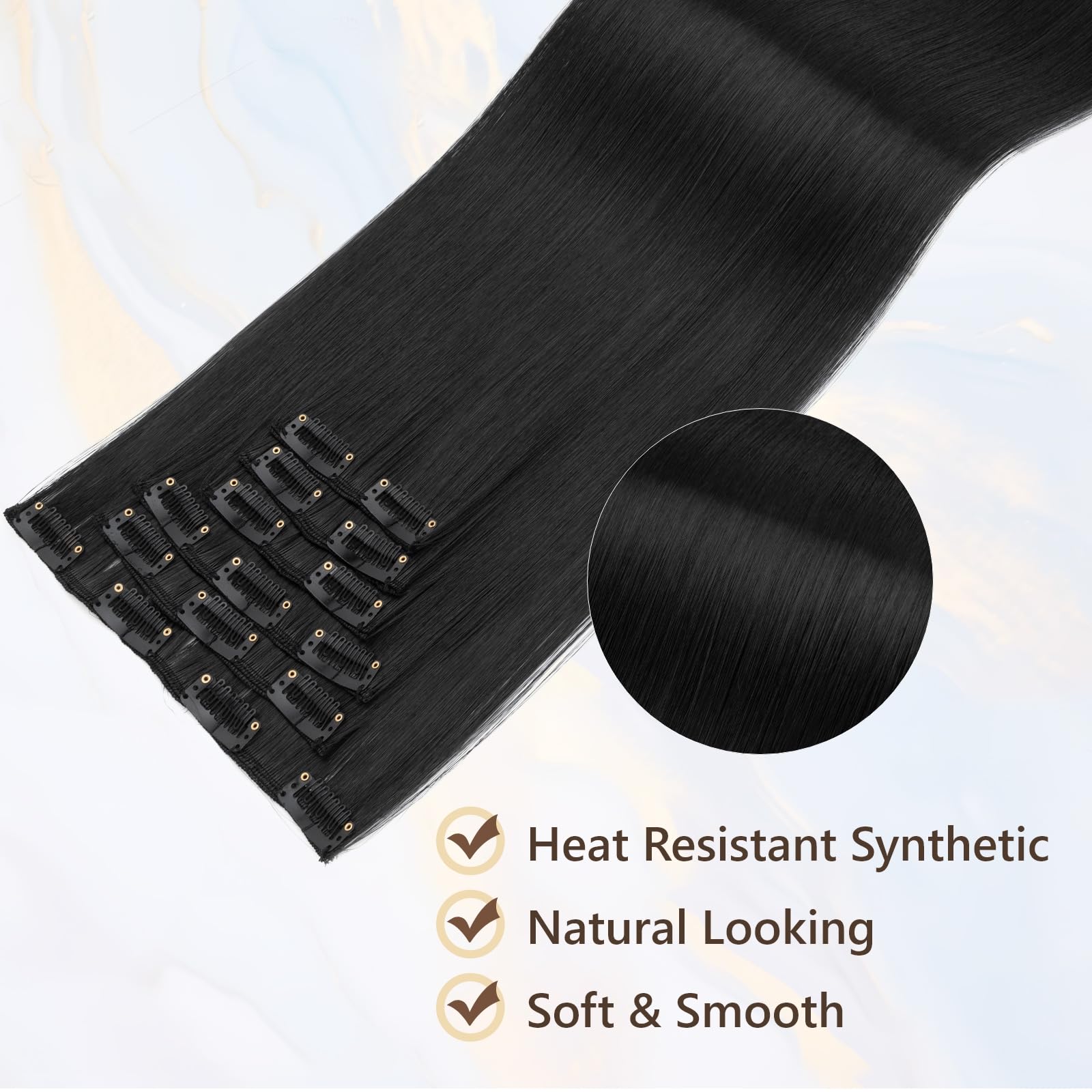 Benehair 24" Clip in Hair Extensions Full Head 6 Pcs 16 Clips Long Straight Hair Extensions Clip in Synthetic Fiber Natural Extension Black Hairpiece for Women(Black - Image 3