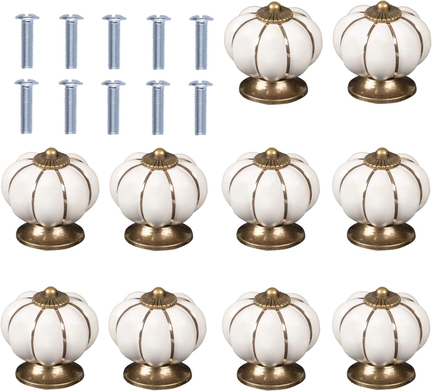 40mm (1.5in) Premium Pumpkin Ceramic Drawer Door Knob Pull Handle Cabinet Drawer Pulls Cupboard Knobs for Home Office Cabinet Cupboard DIY - 10 Pack (White)