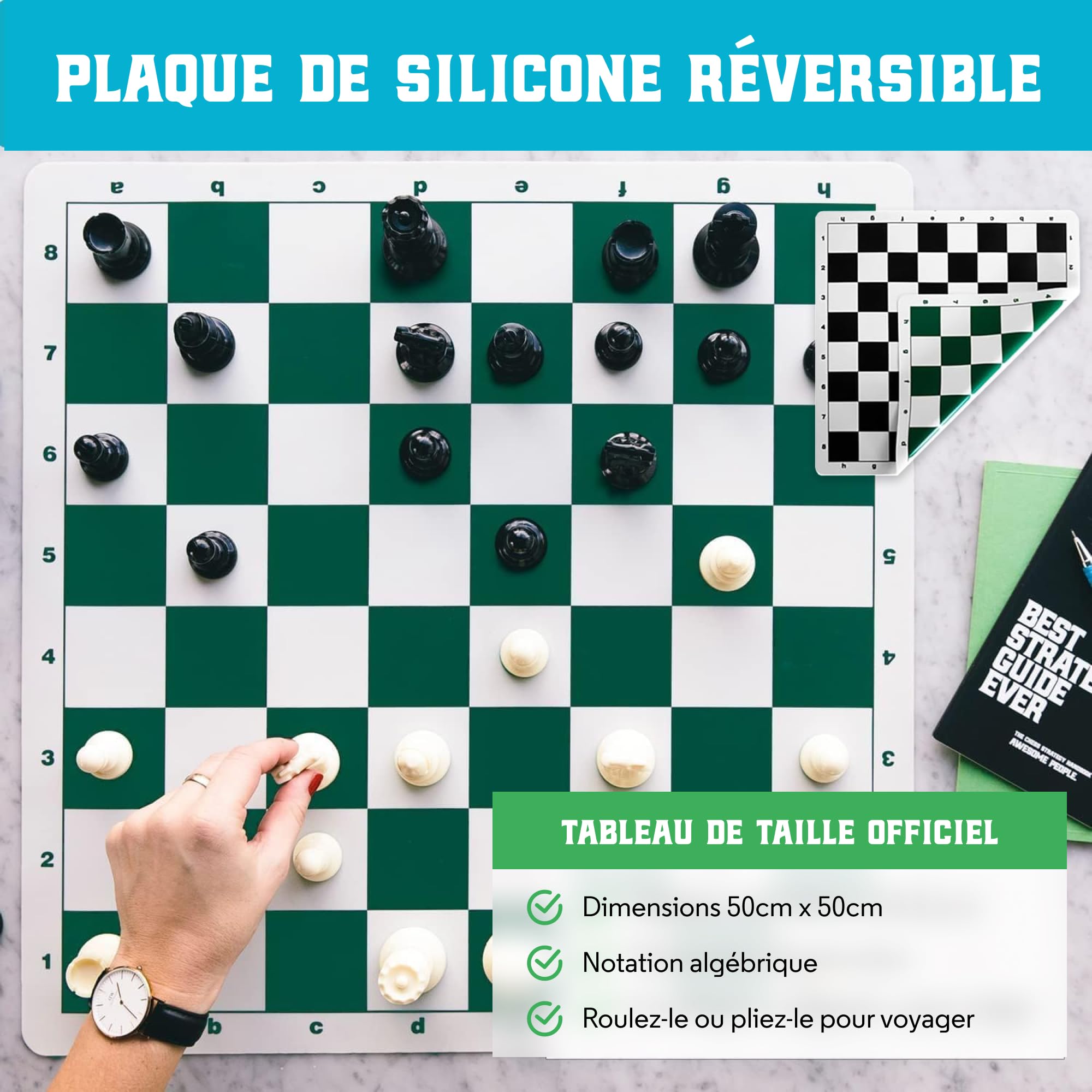 Best Chess Set Ever 3X: Jeu d'Échecs Professionnel, Échiquier Silicone Pliable et Réversible 50x50 cm, Pièces Staunton Modernes à Poids Triple (Roi 10,3 cm), Échecs Tournoi pour Adultes et Enfants