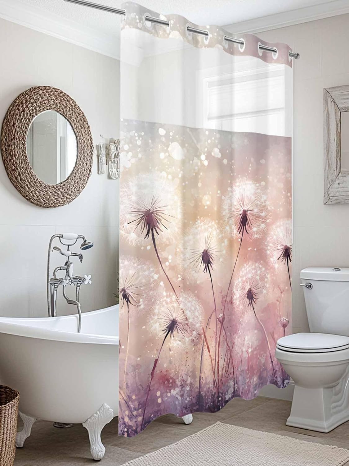 Watercolor Field Dandelion No Hook Shower Curtain with Snap in Liner Set,Wildflowers Scenery Artwork Waterproof Fabric Shower Curtains with See Through Top Window for Bathroom,54"x78"