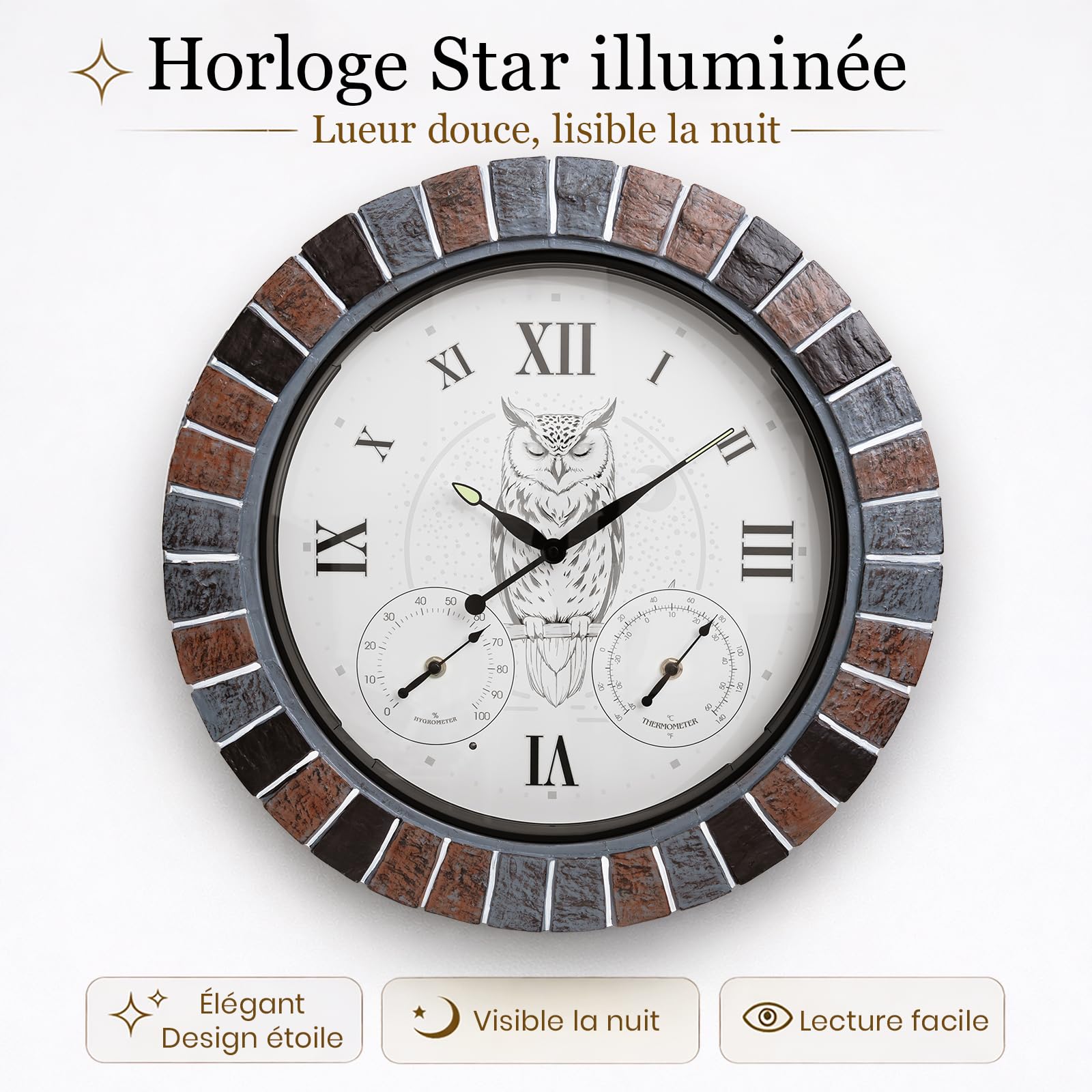 Horloge murale exterieure etanche 45 cm avec thermomètre et hygromètre, illuminée avec lumière nocturne intelligente, grande horloge silencieuse à piles pour jardin, patio, piscine et véranda