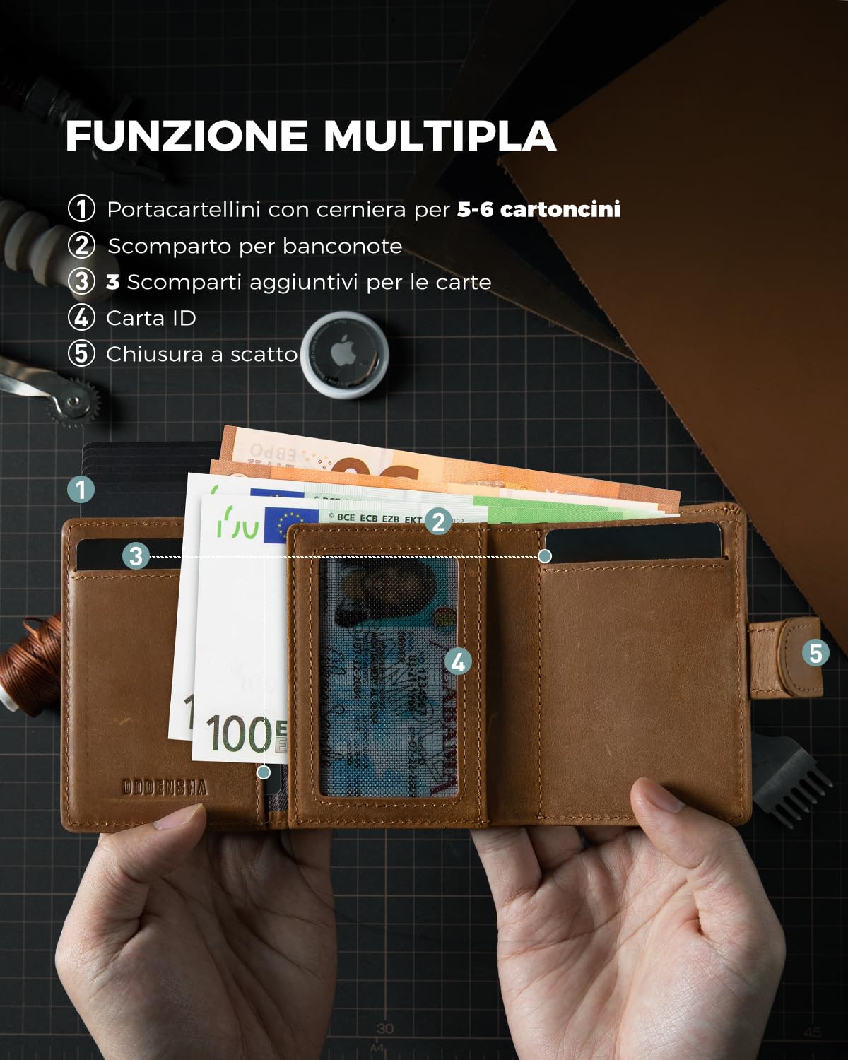 DODENSHA Portafoglio Uomo con Porta Carte di Credito e Portamonete | Slim RFID | Scomparto per Contanti | Custodia in Metallo per 8-10 Carte | Slot ID | Marrone