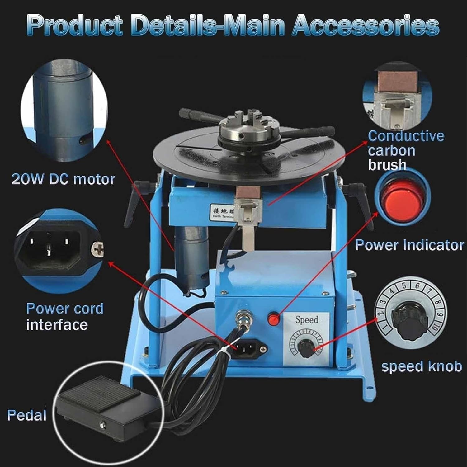 Welding turntable manipulator, welding positioner with foot switch, 3-jaw lathe chuck 2-10RPM workbench(WelderPositioner)