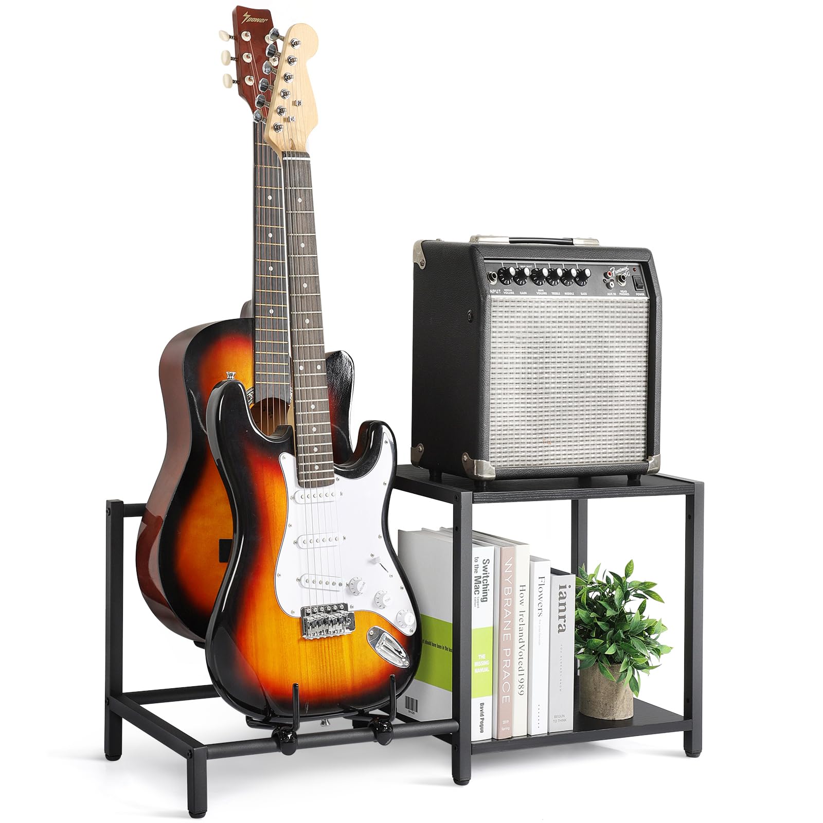Bikoney Support Guitare à 2 Niveaux avec Étagère pour Amplificateur – Support Réglable pour Plusieurs Guitares et Accessoires, Support de Guitare pour Studio, Maison ou Scène – Noir