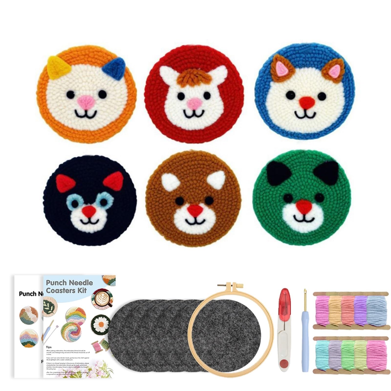 1set Colorful Animal Punch Needle Embroidery Kit With Coasters Mixed Colors For Beginners for DIY(Color3)