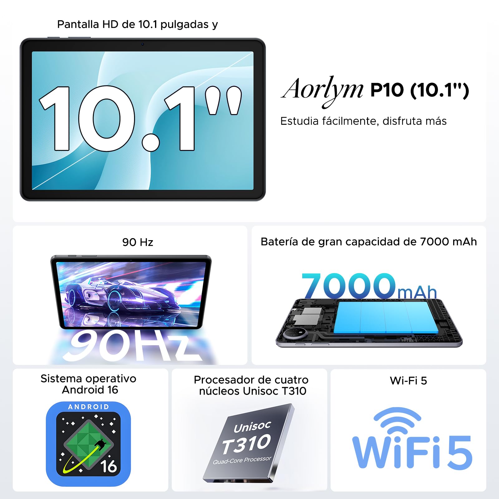 P10 Tablet Android 16, Tablet 10 Pulgadas 48GB RAM+128GB ROM/2TB TF, Gemini AI, 90Hz Screen, 7000mAh, 5W OTG, 5G WiFi, Face ID, OTG, GPS, 3.5mm, Widevine L1, Tableta con Teclado y Lapiz, Gris