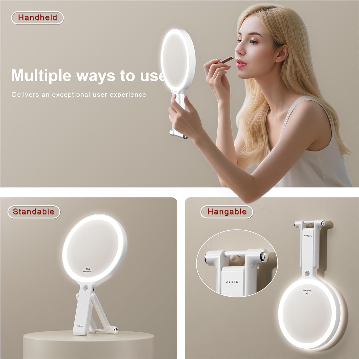 LED Lighted Makeup Mirror, Double Sided 1X/10X Magnifying Vanity Mirror with 3 Color Light Modes, USB Rechargeable Portable Cosmetic Mirror with Adjustable Stand, Tabletop, Handheld & Hanging