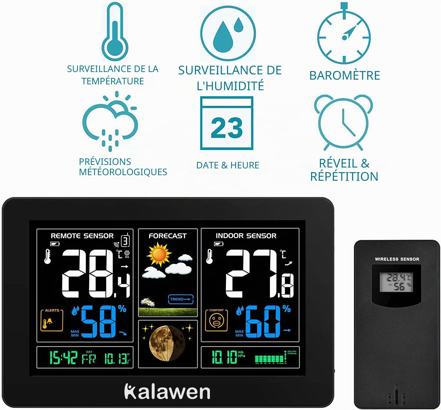 DCF Station Météo avec Intérieure Extérieure Capteur sans Fil, Thermomètre Hygromètre Baromètre Phase de la Lune 9-in-1 Numériques Écran LCD Coloré avec Réveil Snooze Météo Prévisions