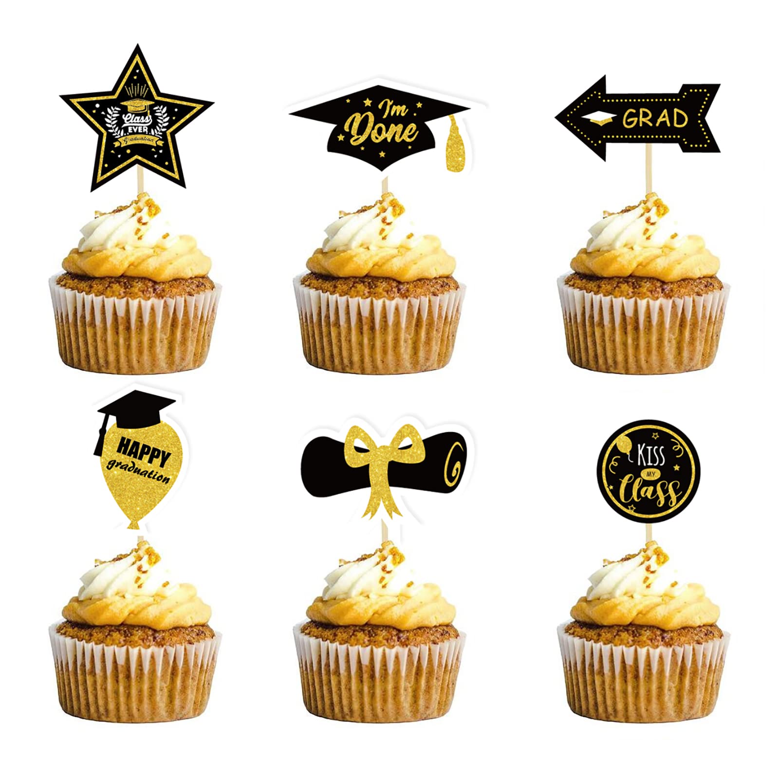 24 Stück Abschluss-Cupcake-Deko 2022 – Schwarze Topper Mit Stiel – Partyzubehör Für Feiern