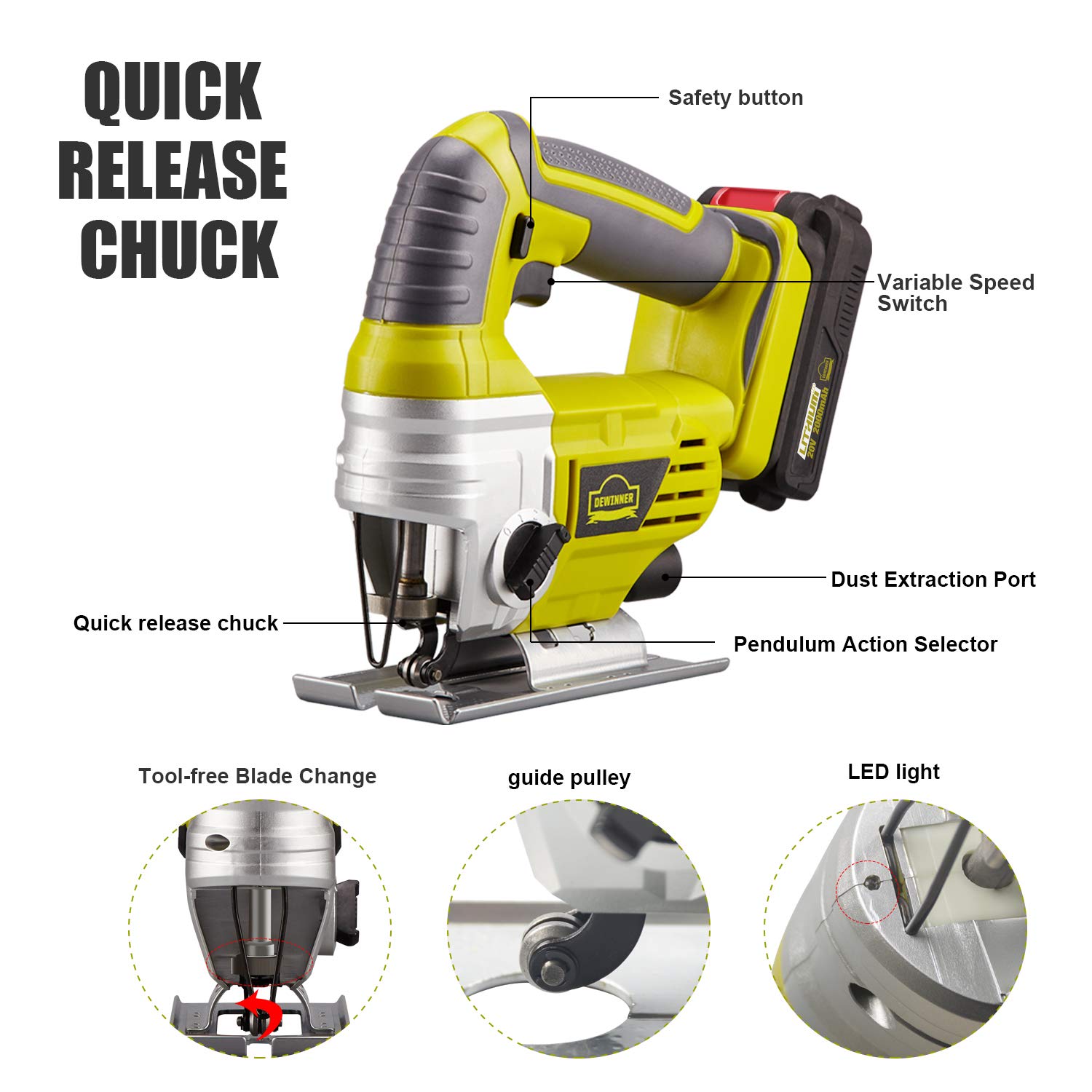 DEWINNER Cordless Jigsaw, Electric Saw Tool, Variable Speed for Bevel