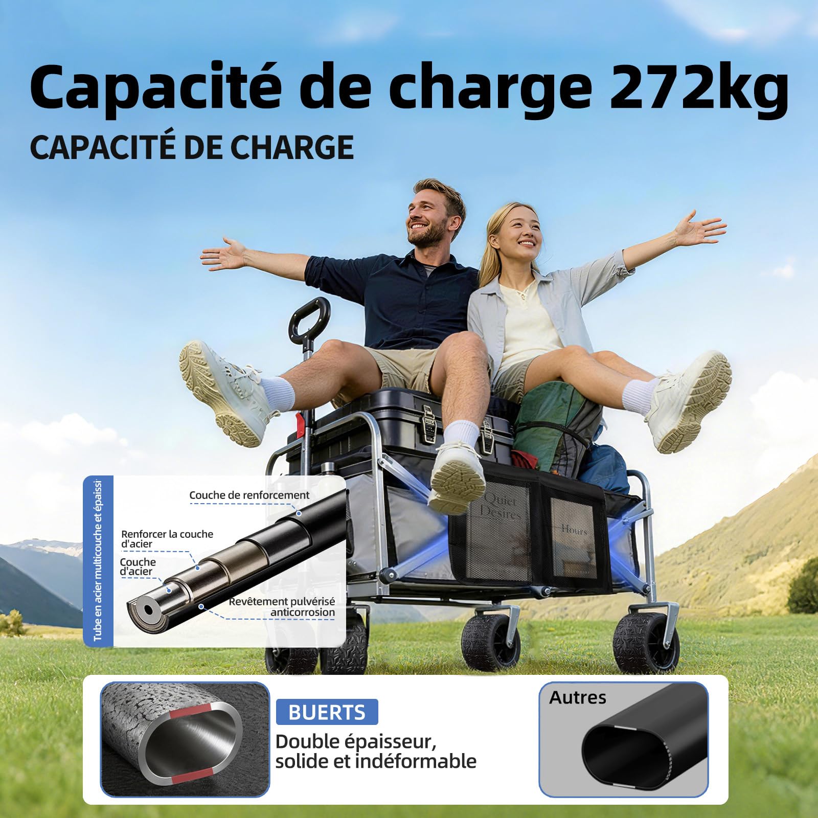 Chariot de Plage Pliable, Capacité 272KG, Roues Larges Tout-Terrain pour Plage, Jardin, Camping, Pêche et Barbecue, Gris