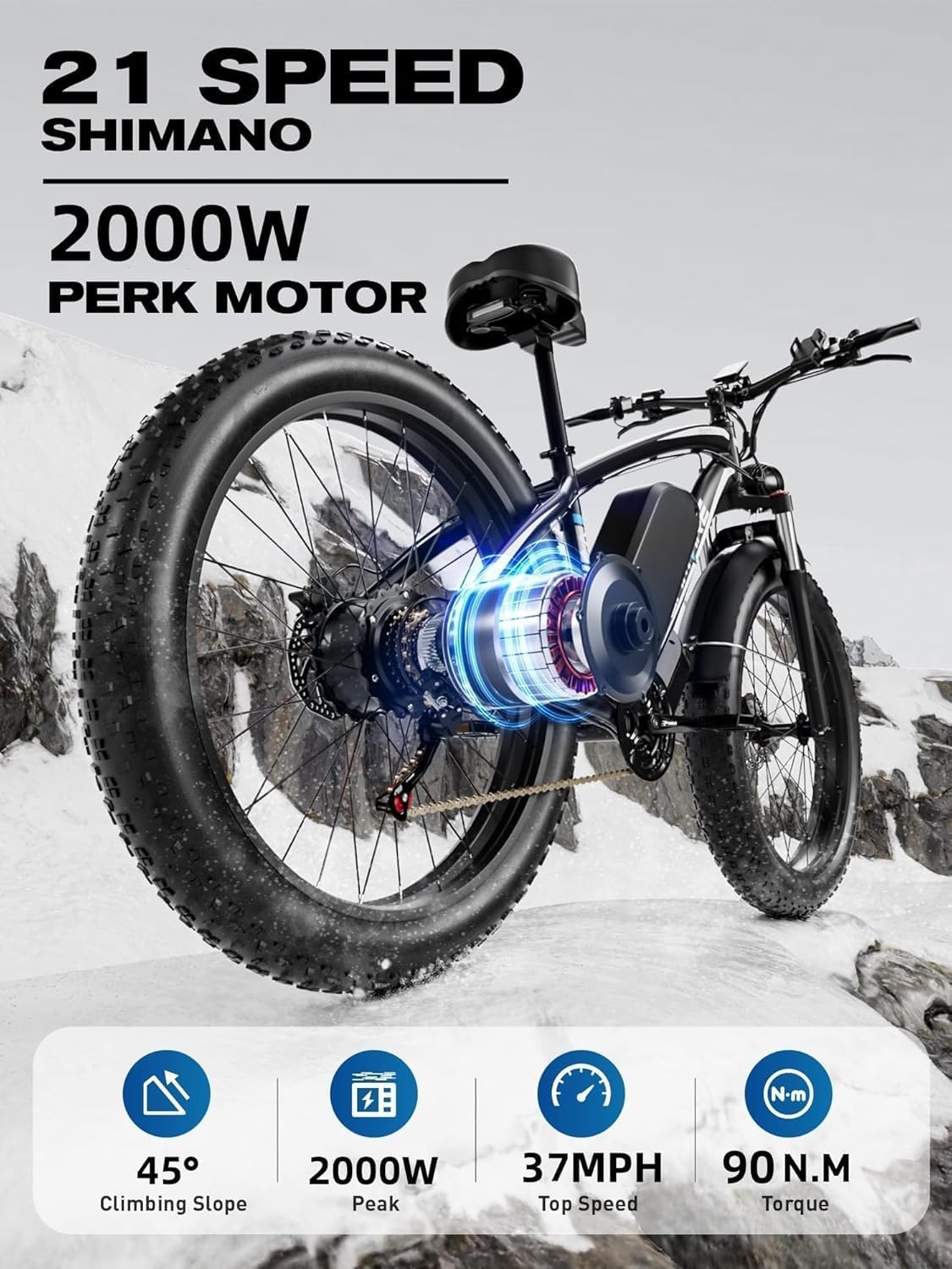 Electric Bike for Adults, 2000W/2500W Peak Ebike 52V 19.2Ah/32Ah, 24''/26'' Fat Tire, Pedal Assist Hydraulic Brake 21-Speed Mountain Electric Bicycle
