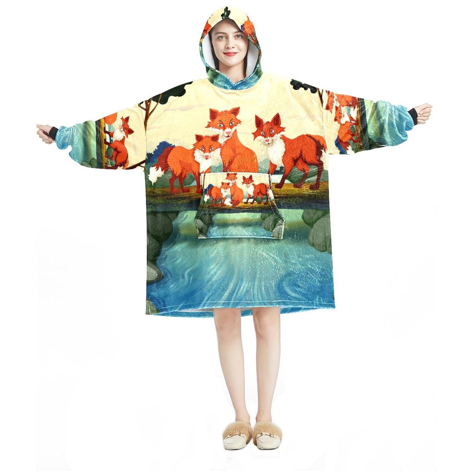 Draagbare deken Hoodie,Drie vossen over de rivier,Oversized Hooded deken Sweatshirt, Meerkleurig, One Size Draagbare deken Hoodie,Drie vossen over de rivier,Oversized Hooded deken Sweatshirt, Meerkleurig, One Size