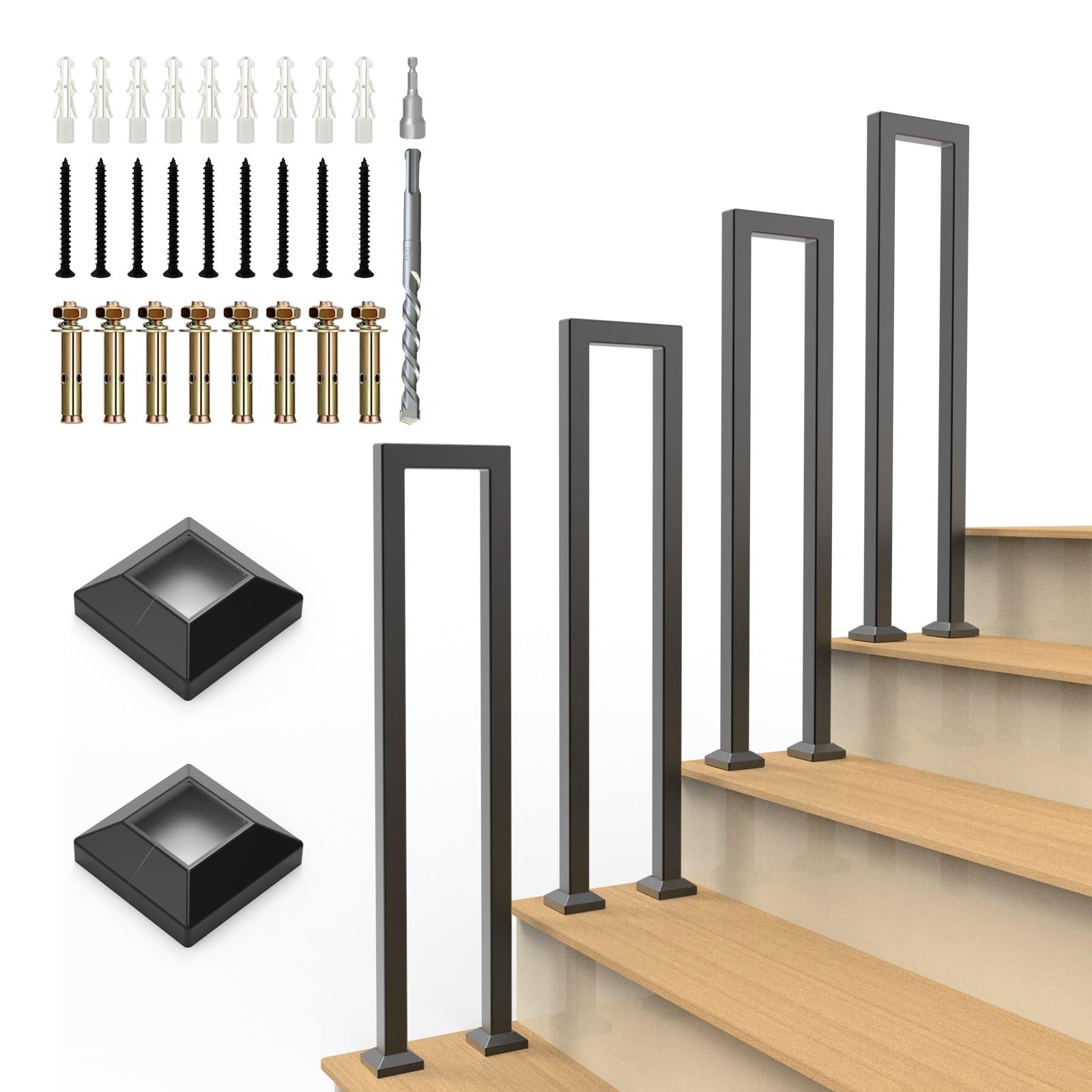 U-Shaped Staircase Handrails for Outdoor & Indoor Steps, Industrial Hand Rail Floor Mounted, Non-Slip Wrought Iron Railing for Porch, Loft, Corridor, Garden (Height: 29.5in) (1 Piece/Set) 4 Sets
