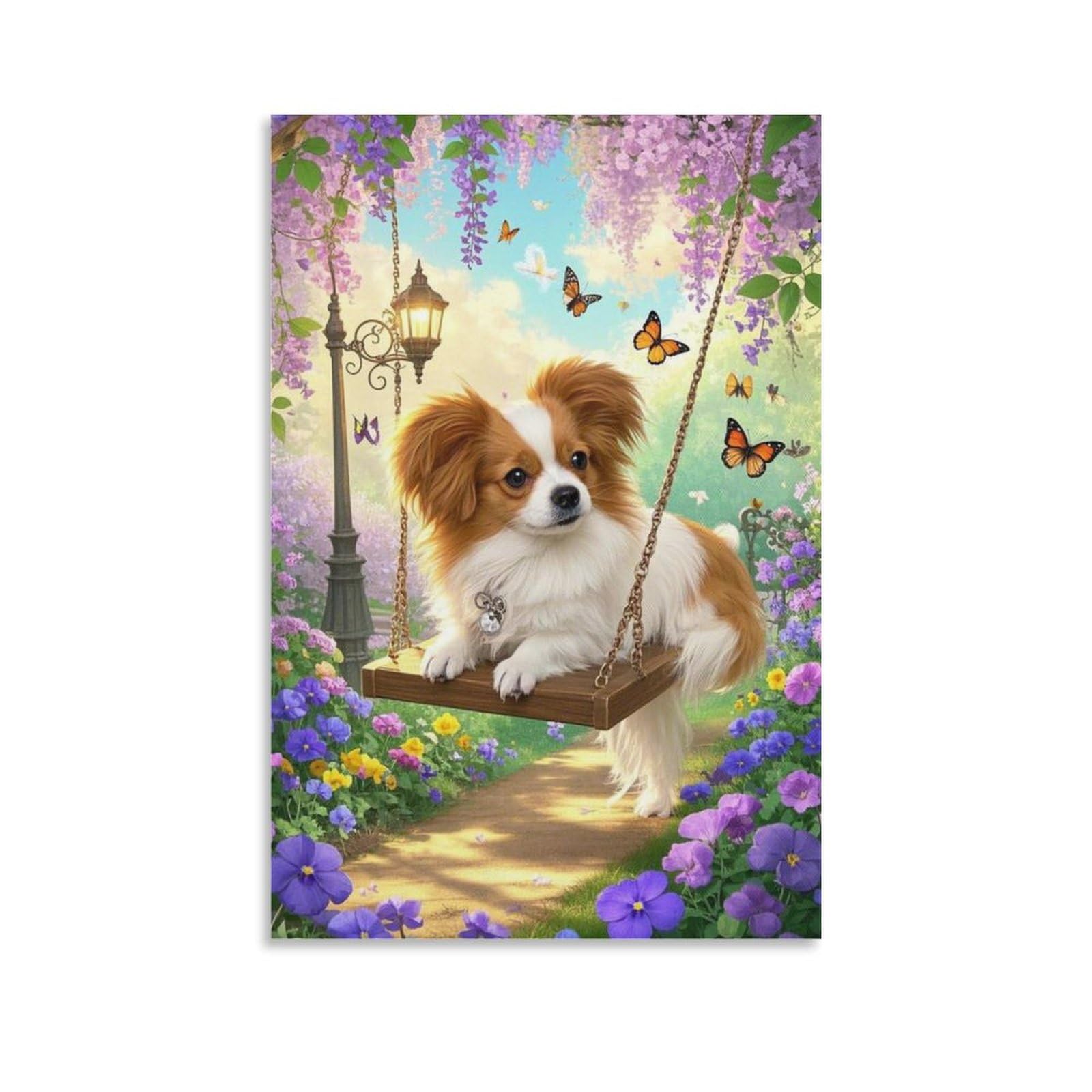 ESPLJQRYX Papillon Puppy Poster Artwork Canvas Prints Picture Modern Canvas Wall Art Picture Wall Hanging for Bedroom Living Room Decor 16x24inch(40x60cm)