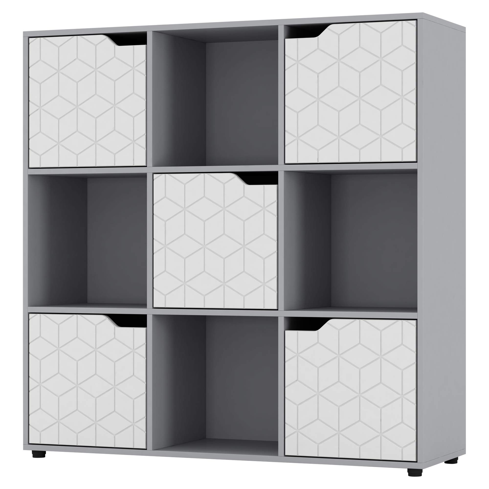 URBNLIVING Grey Wooden Cube Bookcase Geo Geometric Door Display Shelf Storage Shelving Cupboard (White Door, 3x3 Cube (9 Cube))