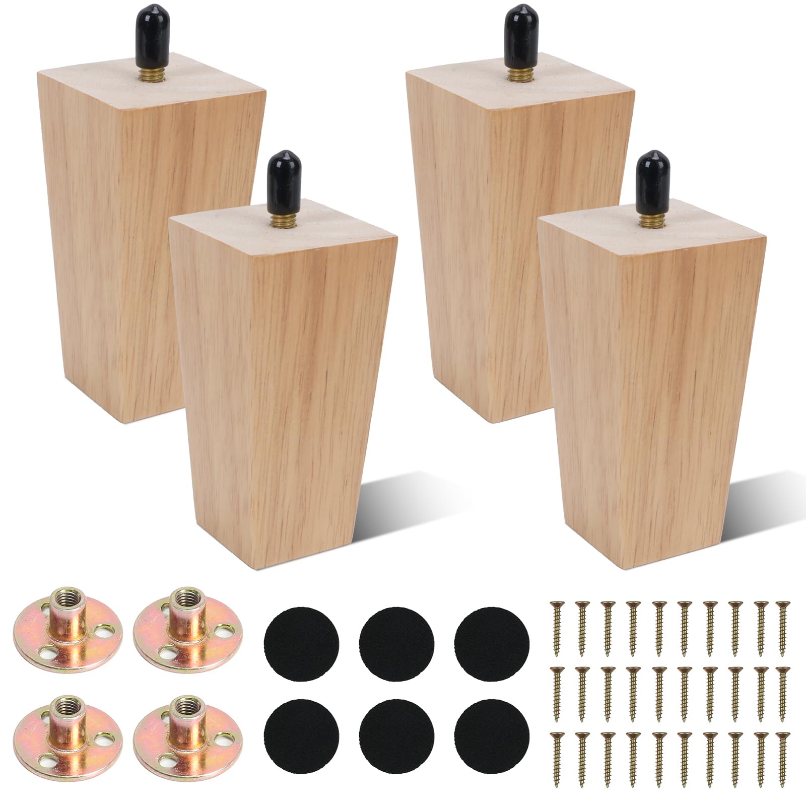 4 Pcs Patas para Muebles de Madera 10 cm Patas de Madera para Muebles Cuadradas Macizas Patás de sofá de Repuesto con placa de montaje,almohadilla antideslizante,tornillo,para mesa,cama,Armario