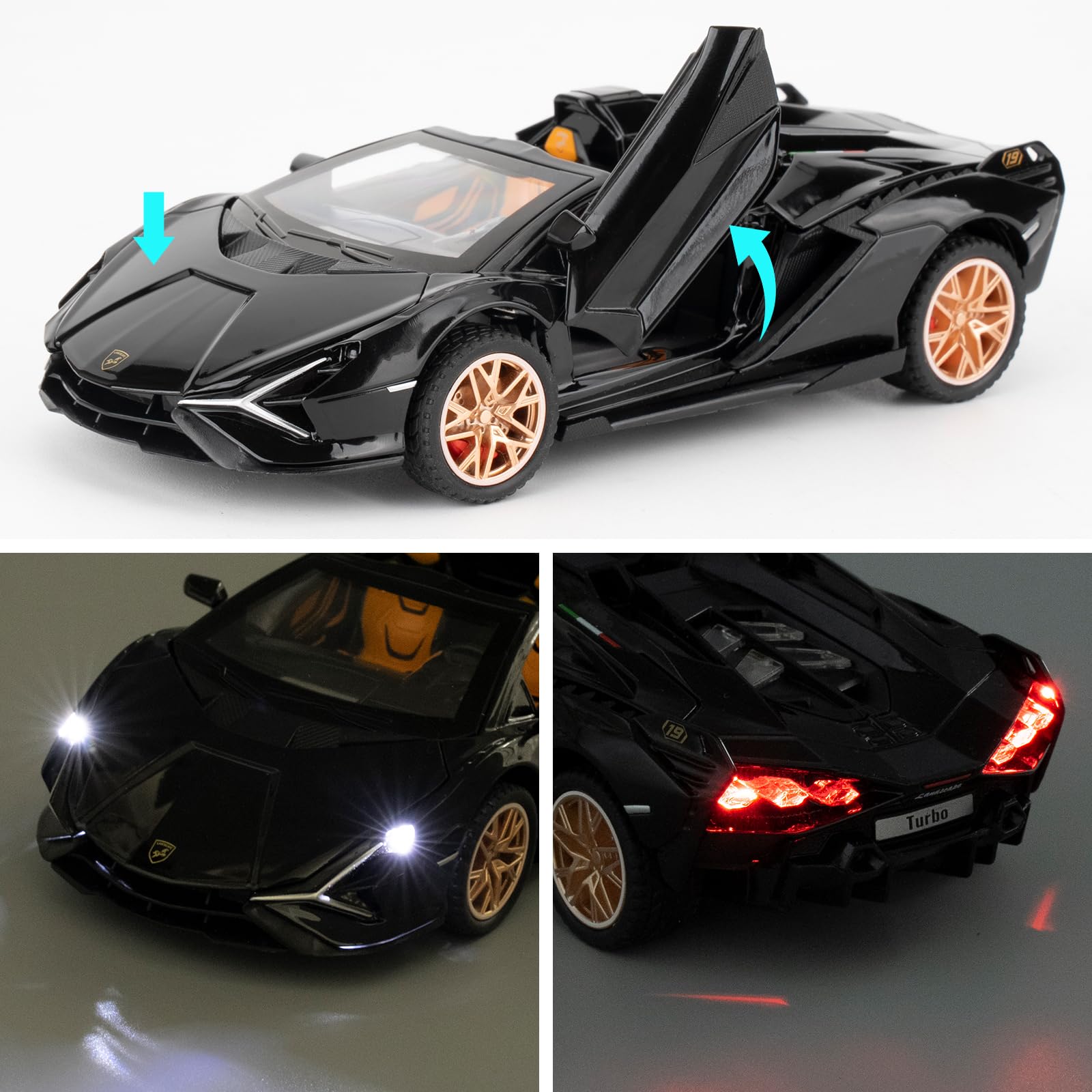 TGRCM-CZ 1/32 Lamborghini Sian Roadster Alloy Car Model, Pullback Toy Car with Sound and Light Functions, Suitable for Collectible Car Models, Children's Gift (Black) 2
