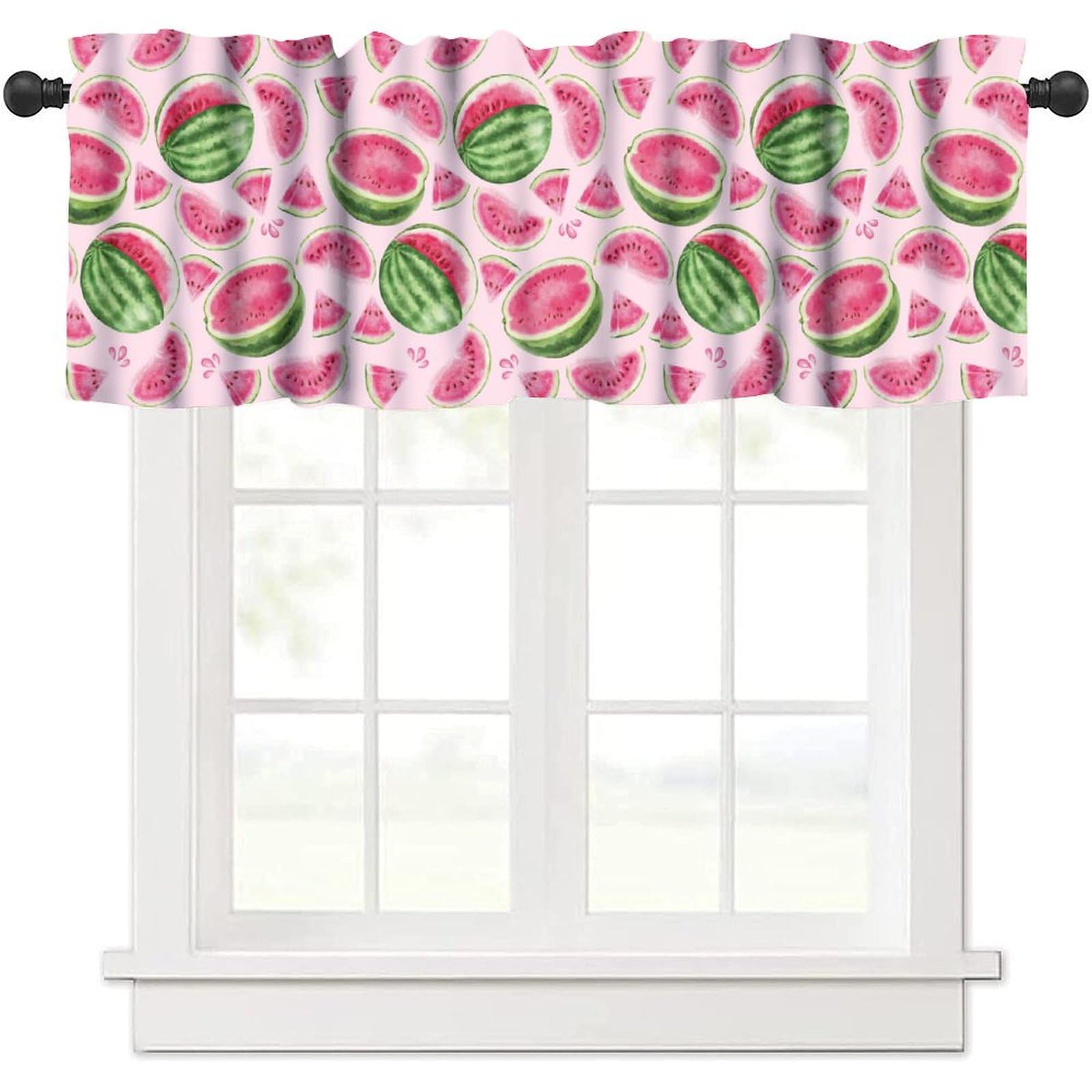 Wallira Watermelon Valance Kitchen Curtain,Tropical Fruits Summer Cute Abstract Artistic Red Green Rod Pocket Short Window Treatment for Bath Cafe