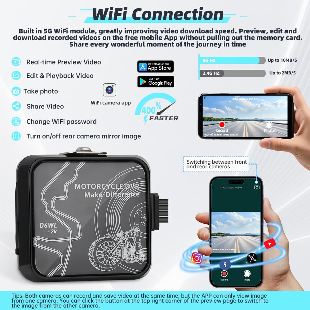 VSYSTO D6WL Caméra embarquée de moto 2K - Double caméra avant et arrière 5G WiFi IP67 Capteur G Enregistrement en boucle pour les trajets quotidiens et les longues randonnées