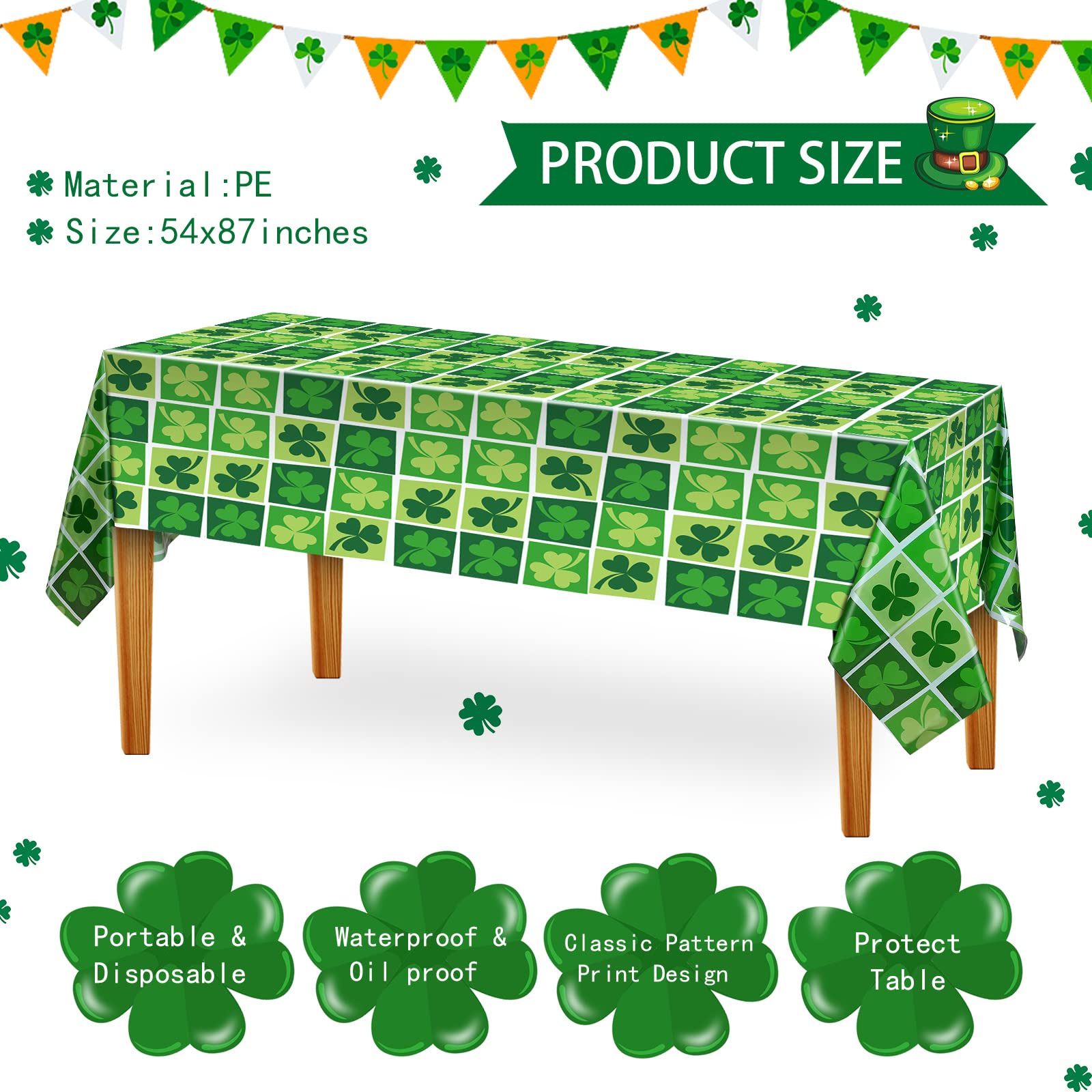 Tegeme 3 Pieces St. Patrick's Day Tablecloths Decoration Plastic Irish Shamrock Table Covers Disposable Waterproof Green Shamrock Table Cloth for St. Patrick's Day Party Supplies (54 x 87 Inch)