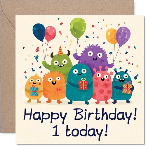 Stuff4 Playful 1st Birthday Card - Monsters and Balloons Bring Birthday Fun - Co