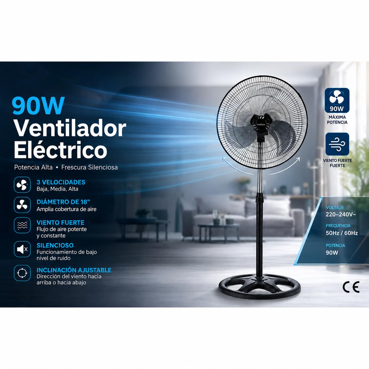 Ventilador de Pie de 18 Pulgadas, Potente Motor de 80W, Oscilación Amplia de 360°, 3 Velocidades, Altura de 125 cm, Ventilador de Suelo Silencioso para Hogar, Dormitorio y Oficina.