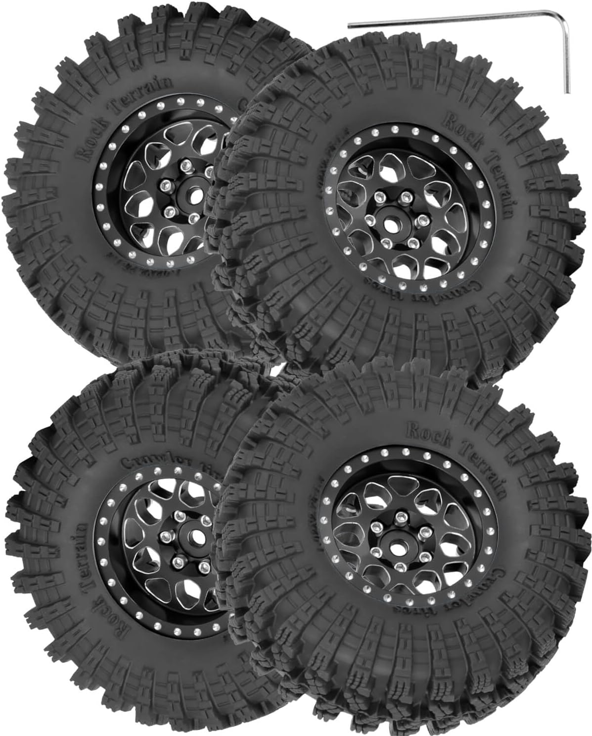1.3" Wheel Tires for 1/18 1/24 Trx4m SCX24 RC Crawler,(4PCS),1.3 Beadlock Aluminum RC Wheel Rims Brass Rings All Terrain RC Tires,Black