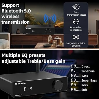 S.M.S.L A50 PRO HiFi Power Amplifier, High/Low pass filter 2.1-Channel, Infineon's MA12070P Chip, Bluetooth 5.0/USB/Optical/HDMI/AUX input Passive subwoofer with adjustable volume, with Remote Control