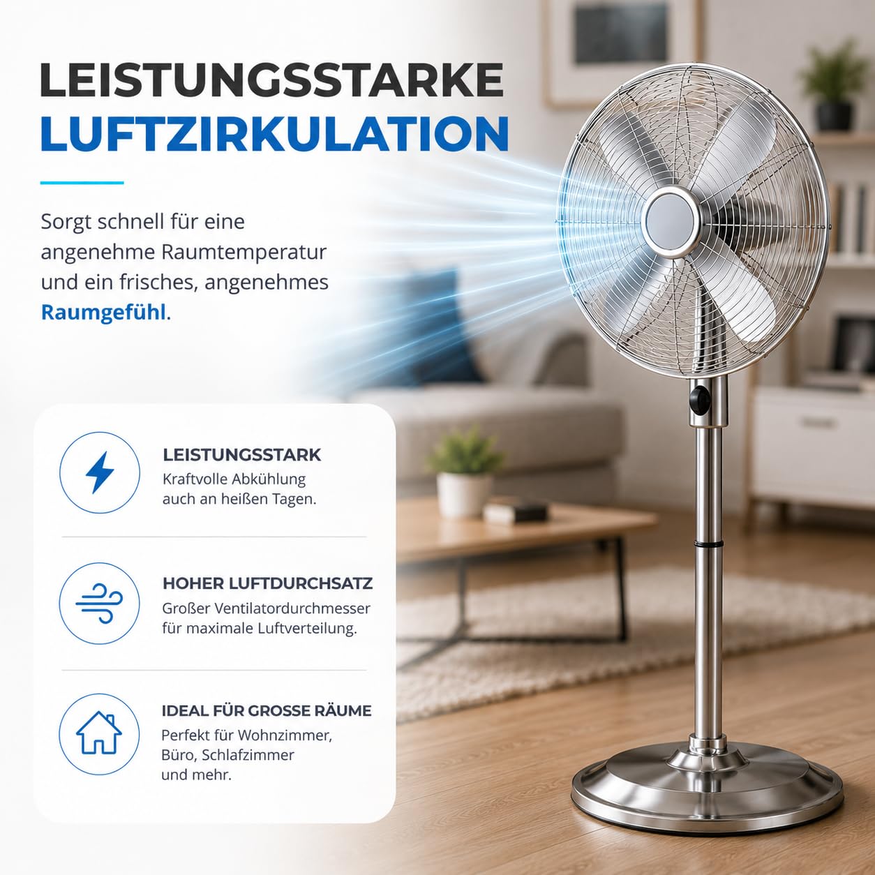 TK Gruppe Timo Klingler Design Ø 45 cm Bodenventilator - Ventilator aus Metall - Standventilator mit Leistungstufen - 3 Modi Windmaschine extra leise (Standventilator Ø 45 cm)