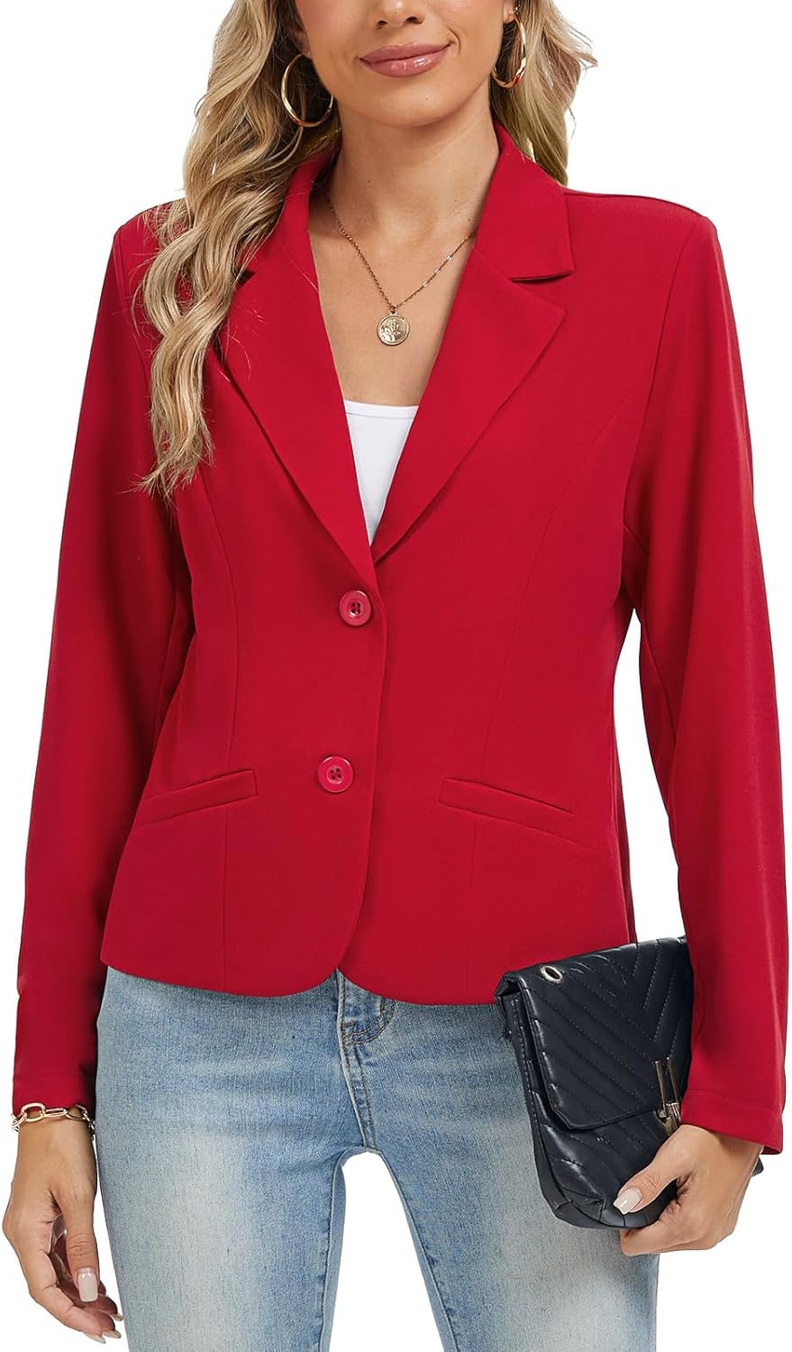 Women's Long Sleeve Blazers Casual Notched Lapel Work Padded Shoulder Button Front Blazer Jackets Pocket - Image 7