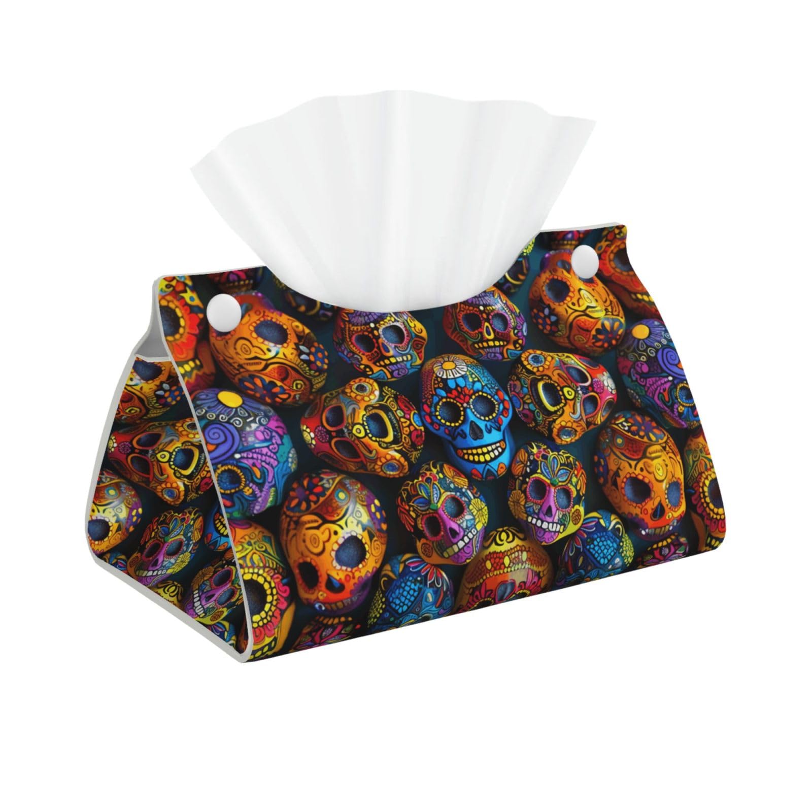 Colorful Sugar Skulls Print Tissue Box Cover Foldable Tissue Storage Box Leather Tissue Cube Box Holder for Living Room Bedroom Office Car Home Decor