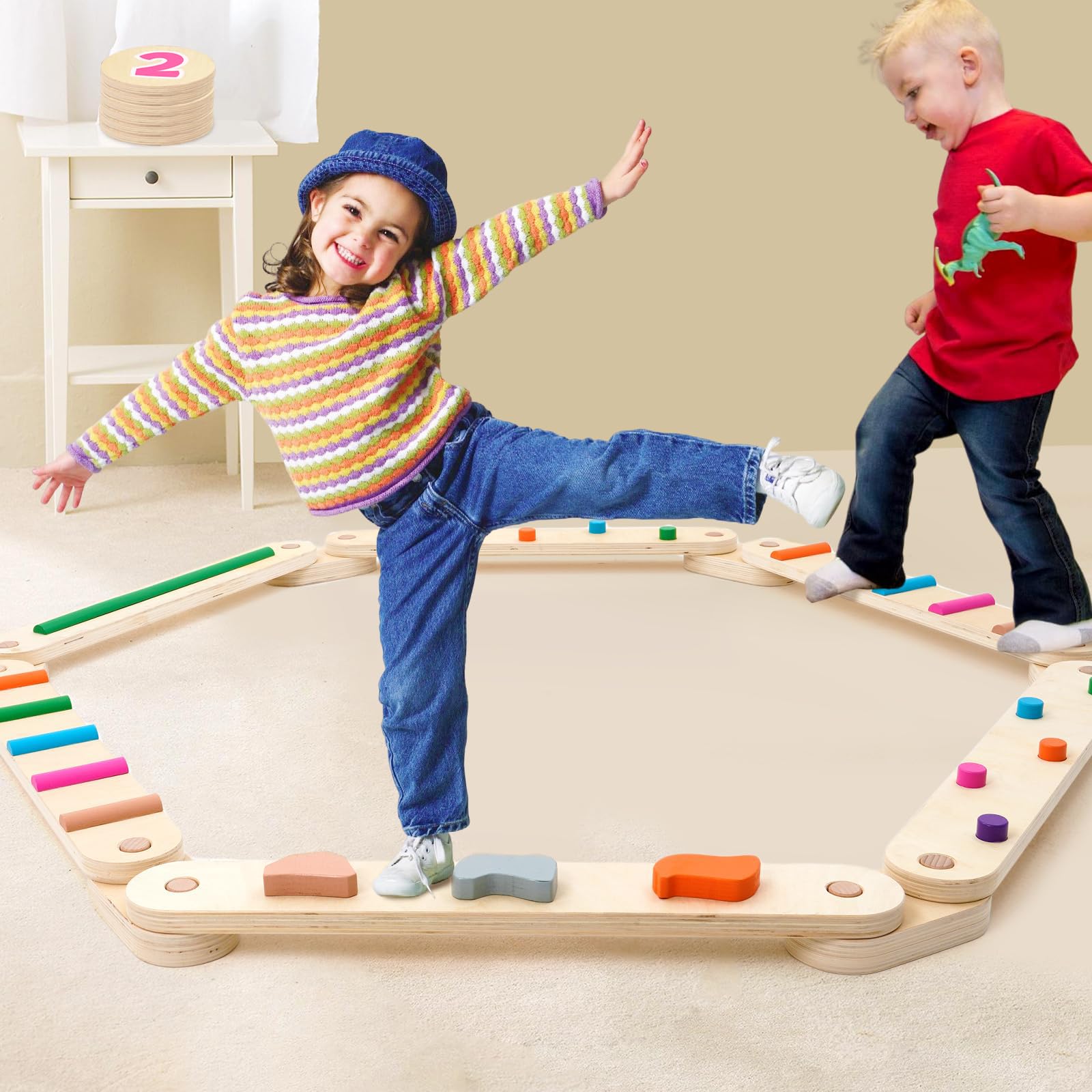 Trave Equilibrio in Legno per Bambini con 6 Pietre di Equilibrio, Giocattolo Montessori per Allenamento Dell'equilibrio per Interni ed Esterni per lo Sviluppo della Coordinazione e Della Stabilità