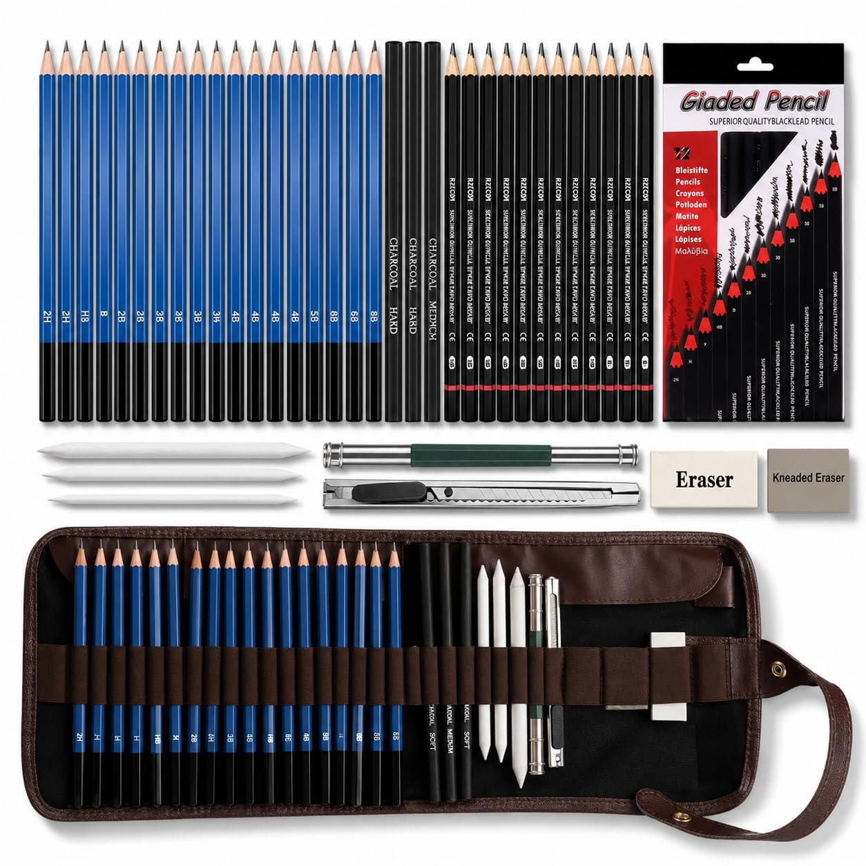 Corslet 41 Pcs Professional Drawing Supplies Sketching Art Kit Pencil Set With Tools Pouch Complete Artist Charcoal Sketch Pencils Shade Shading Portrait Gifts Accessories