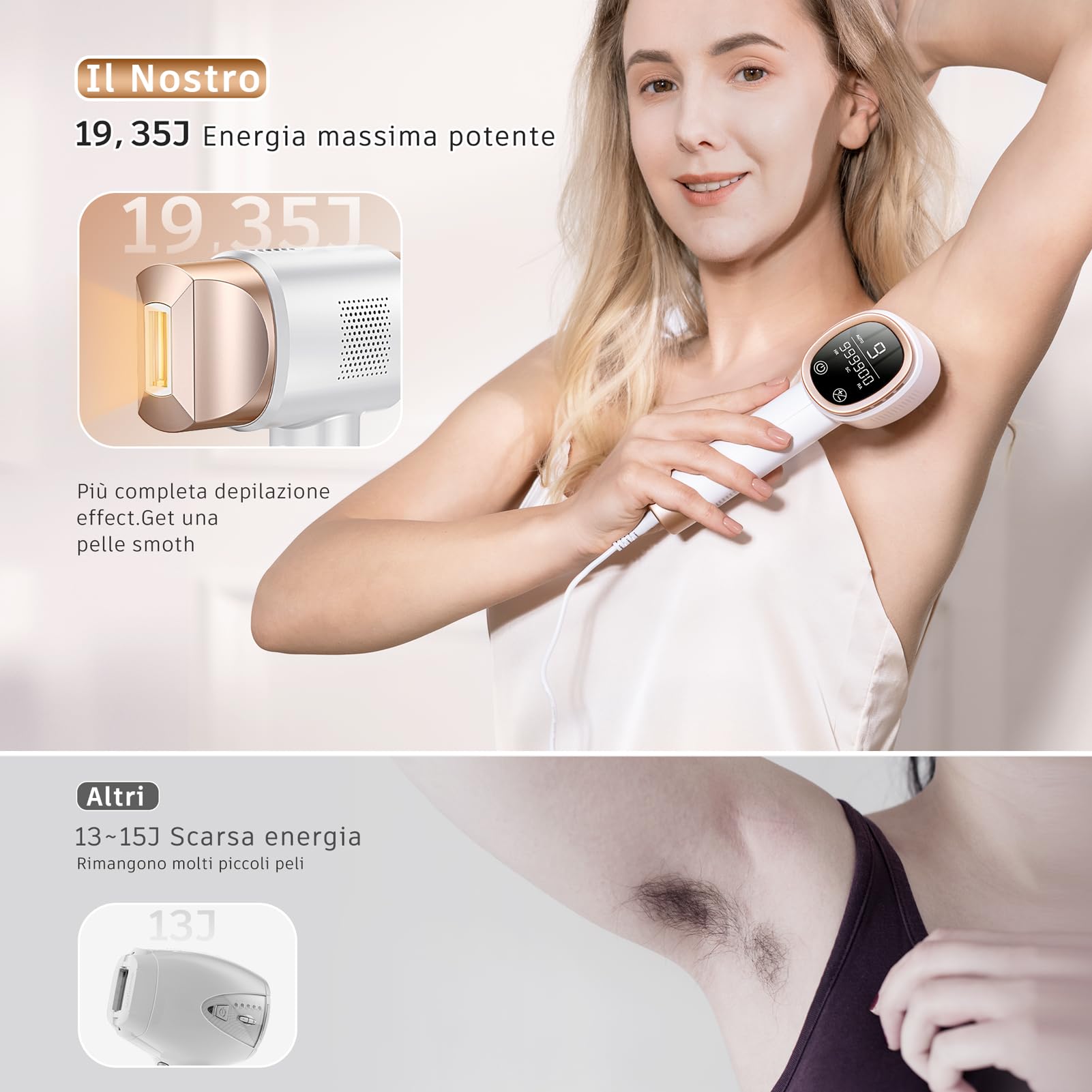 Prettivo Epilatore Luce Pulsata, IPL Luce Pulsata Epilatore Con Schermo LCD, 9 Livelli di Energia, 999,900 Lampi, 3 In 1 Modalità HR/SC/RA,Epilatore a Luce Pulsata Per Braccio, Gamba, Corpo, Bikini