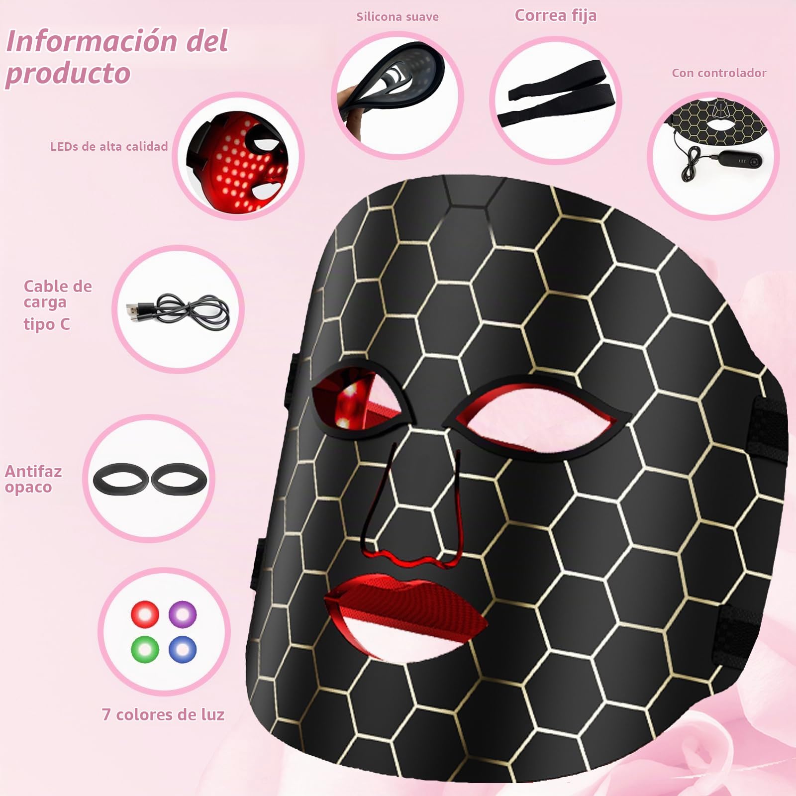 Máscara LED Facial, Quellsotty Máscara Facial LED con Terapia de Luz Roja para La Cara y La Piel, 7 Colores Mascarilla LED para Rejuvenecimiento, Anti-envejecimiento